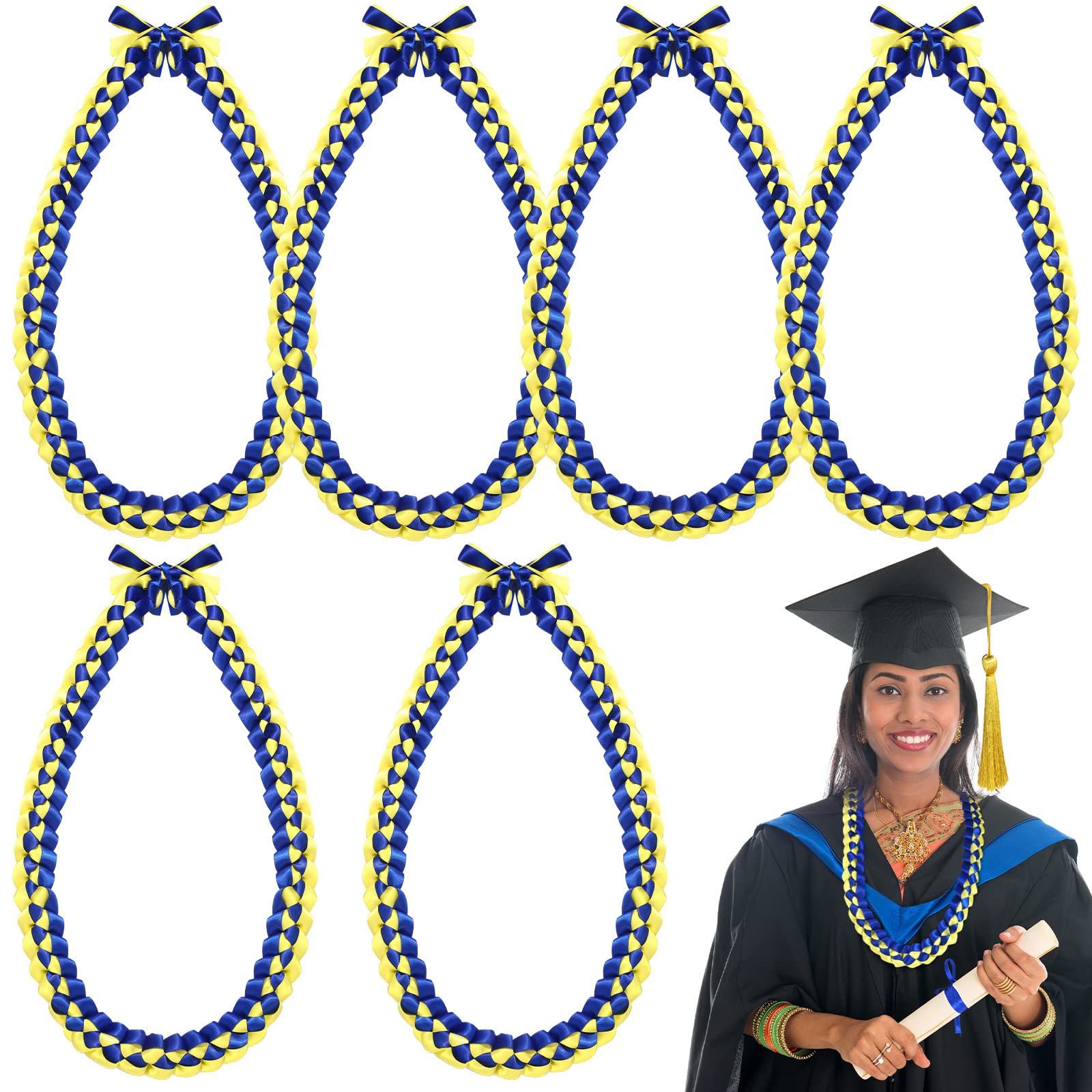 6-Piece Handmade Braided Ribbon Graduation Leis - Colorful Hawaiian Style Necklace for Graduation Party Decorations (Perfect for Graduation Ceremonies, Photos & Celebrations)