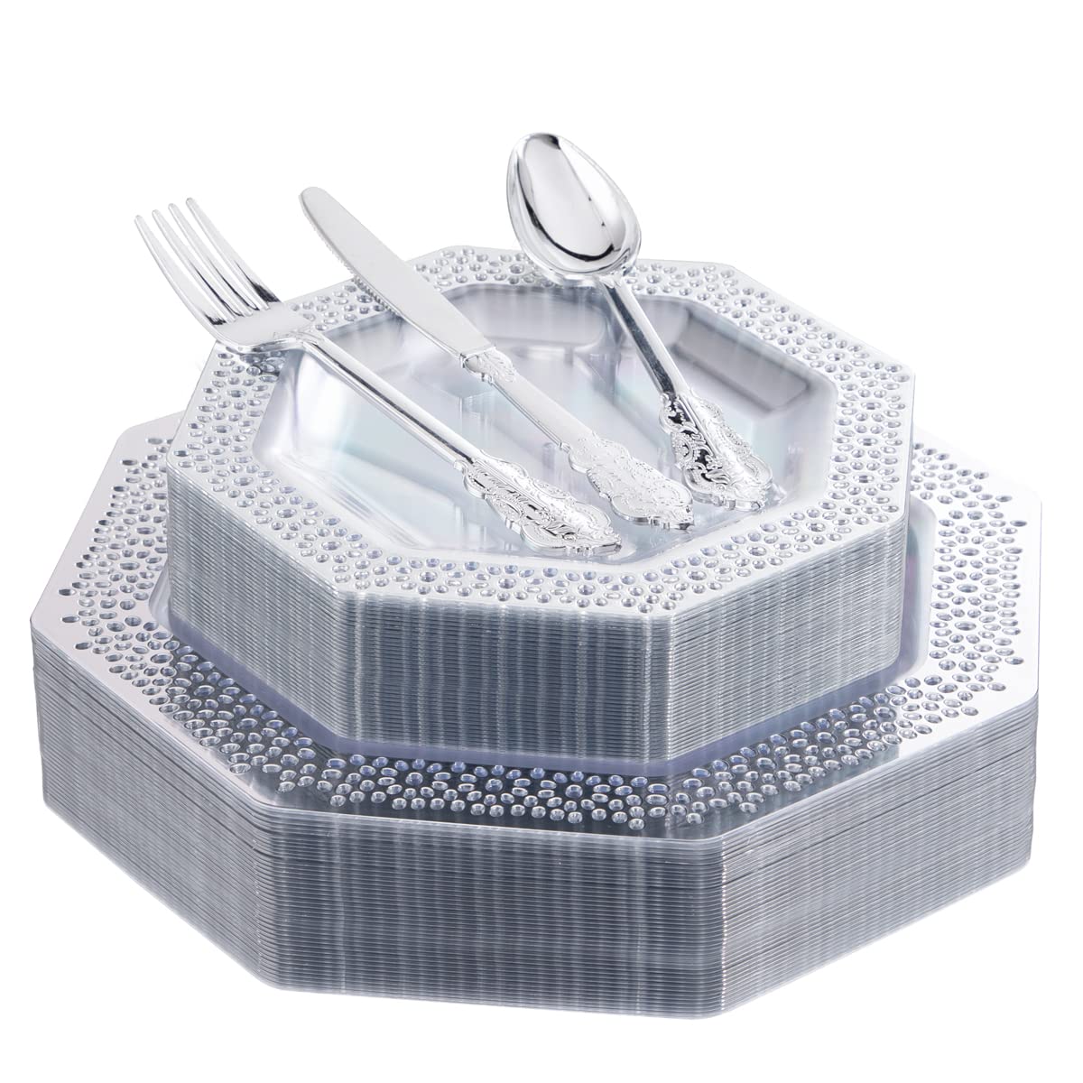 DaYammi 150-Piece Disposable Silver Plastic Dinnerware Set - 30 Dinner Plates, 30 Dessert Plates, 30 Forks, 30 Knives, 30 Spoons - Elegant Plastic Cutlery for Wedding, Party, Banquet & Catering Events