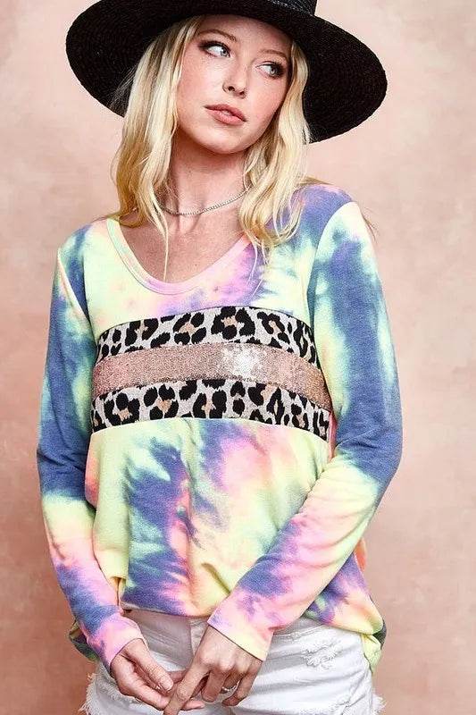 BiBi Tie Dye Deep U Neck Top with Leopard Print & Sequins - Trendy Women's Fashion Top for Parties, Night Out & Festival Wear