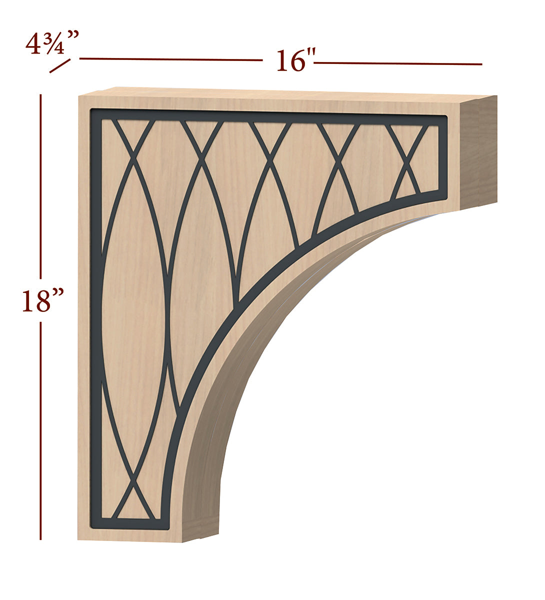 Fast Snap Hood Corbel with Elegant Metal Inlay - 18 x 16 x 4 3/4 Inch - Decorative Wooden Bracket for Kitchen Cabinets & Shelving Support