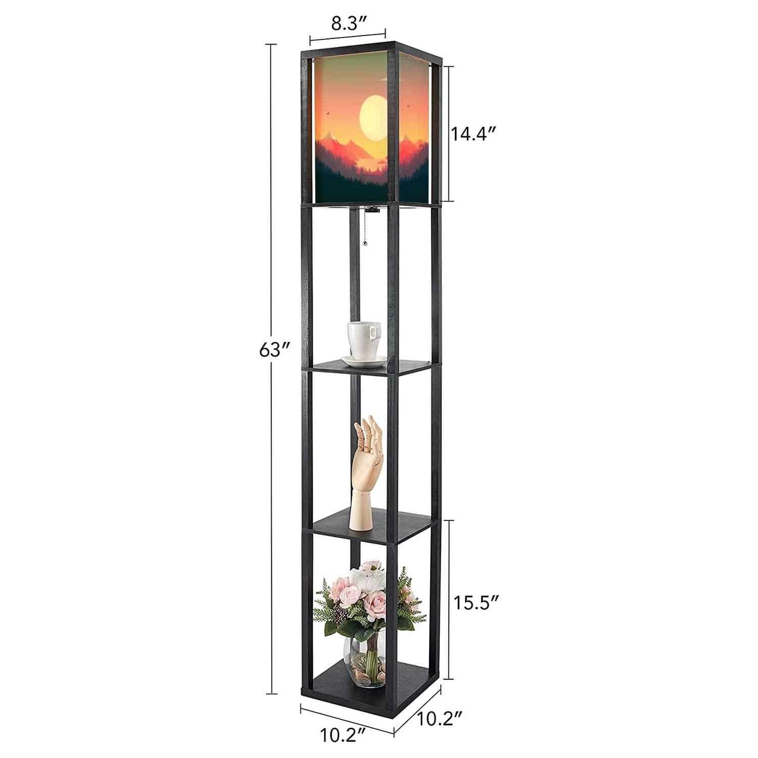 Sunset Stock Standing Floor Lamp with Shelves & Flaxen Fabric Shade - Tall Corner Lamp for Living Room, Bedroom, Office - Perfect for Reading, Relaxation & Aesthetic Home Decor