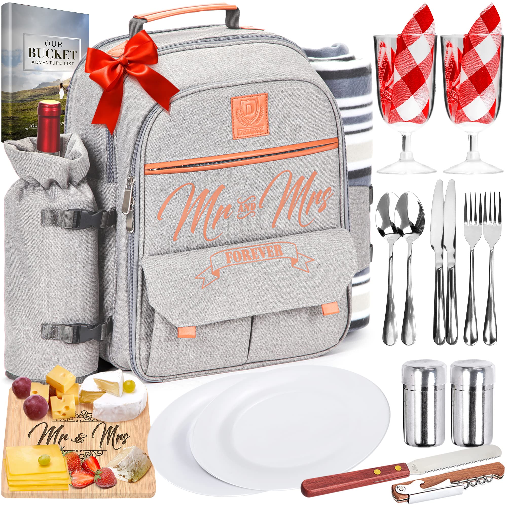 DELUXY Insulated Picnic Backpack for Couples - Wedding Gift Set for Bride & Groom, Honeymoon Essentials, Anniversary Present for Newlyweds | Perfect for Outdoor Dates, Beach Picnics & Romantic Getaways