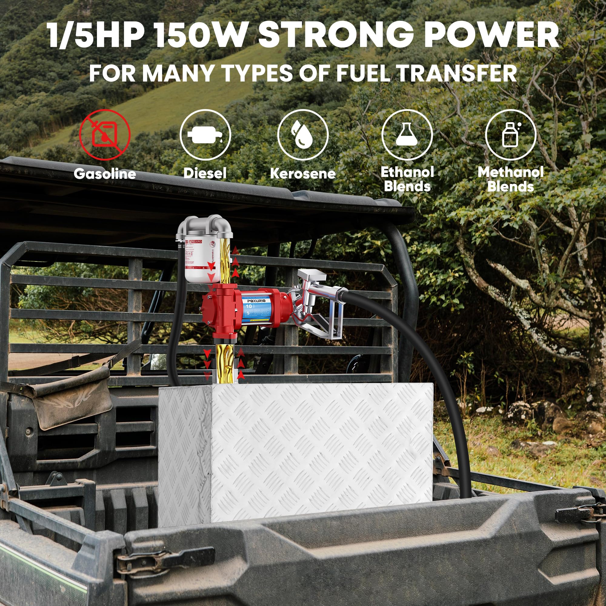 12V Heavy Duty Fuel Transfer Pump - 10GPM Gasoline/Diesel/Kerosene/Biodiesel Pump with Hose & Nozzle - Cast Iron Construction for Trucks, Boats, Farm Equipment & Emergency Fuel Transfer