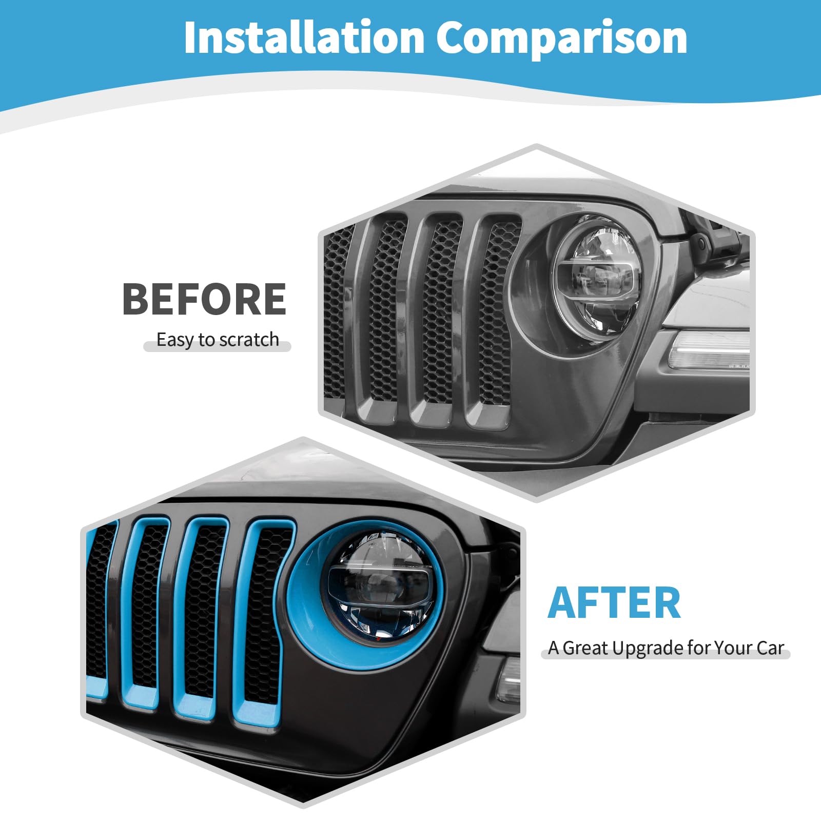 RT-TCZ Mesh Front Grille Grill Insert & Headlight Cover Trim for Jeep Wrangler JL/JLU (2018-2022) - Baby Blue Exterior Accessories (9-Piece Set) | Off-Road Protection & Custom Styling Upgrade