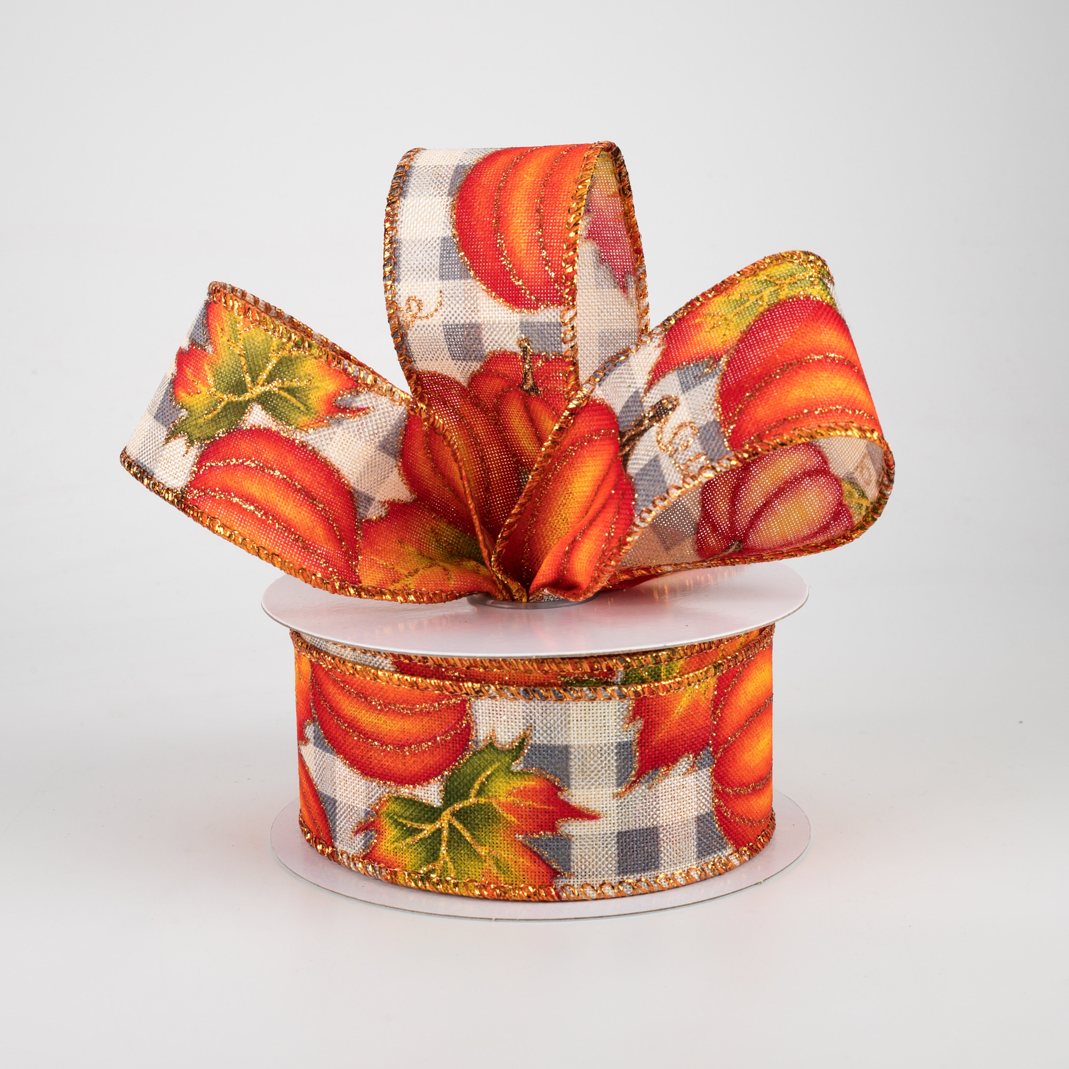 1.5 Inch Glitter Pumpkin Check Ribbon - Grey & Cream (10 Yards) for Fall Decorations, Gift Wrapping, and DIY Crafts