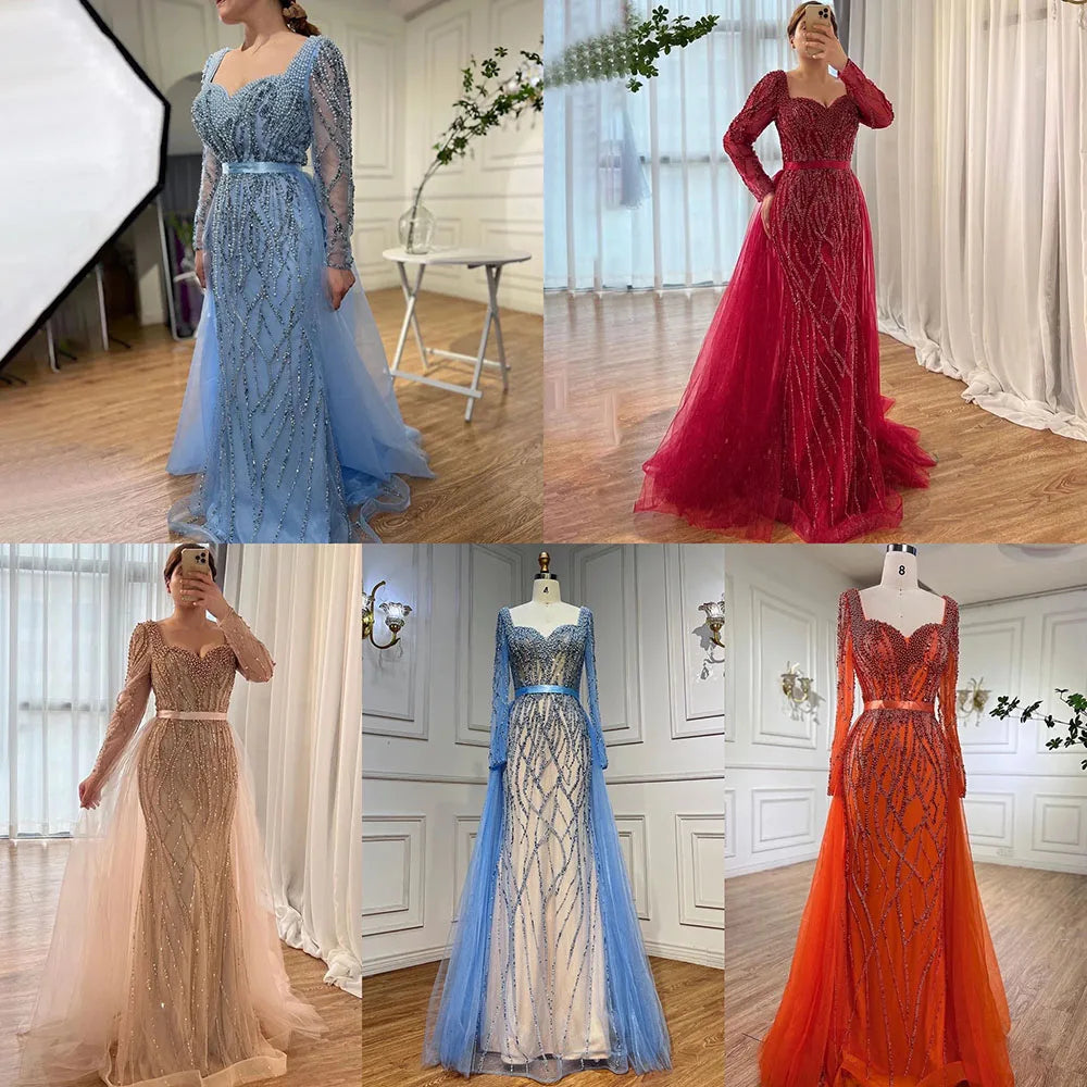 Serene Hill Blue Mermaid Evening Gown with Pearl Beading - Elegant Arabic Style Wedding Dress for Women | Perfect for Formal Parties, Prom & Special Occasions