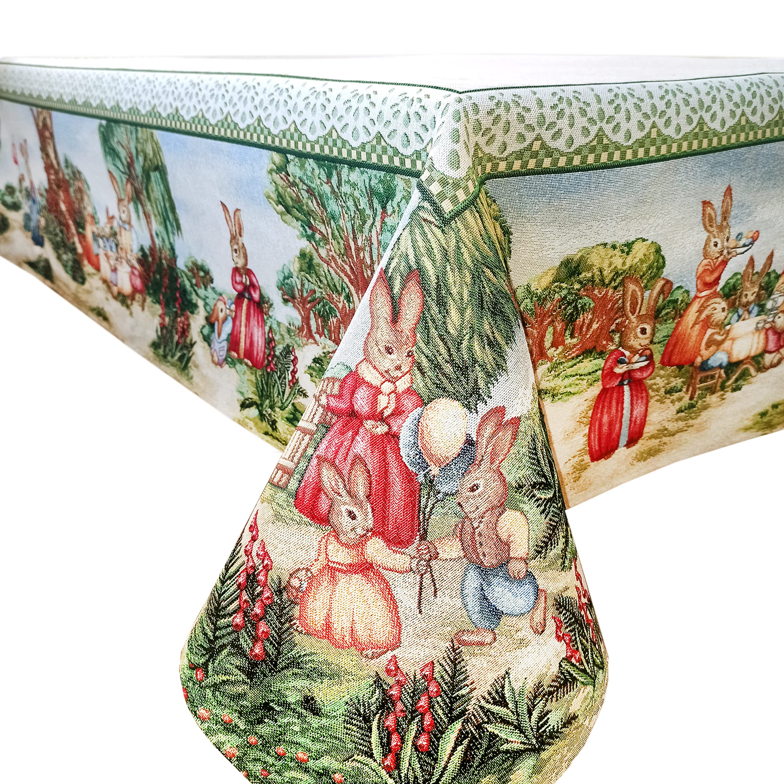 Easter Tablecloth with Golden Thread Bunny & Floral Design - 54x102 Inch Multicolor Fabric Table Cover for Square, Round, or Rectangle Tables - Perfect for Spring Celebrations, Holiday Dining & Easter Decorations