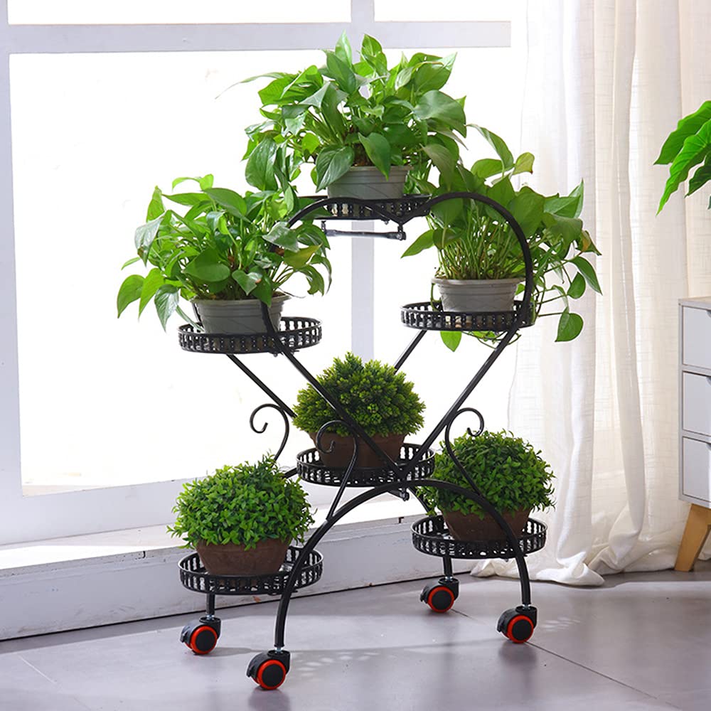 4-Tier Metal Plant Stand with Wheels - Heart Shaped Flower Pot Shelf Organizer for Indoor/Outdoor Garden, Balcony & Patio | Perfect for Displaying Potted Plants, Herbs & Succulents (Black)