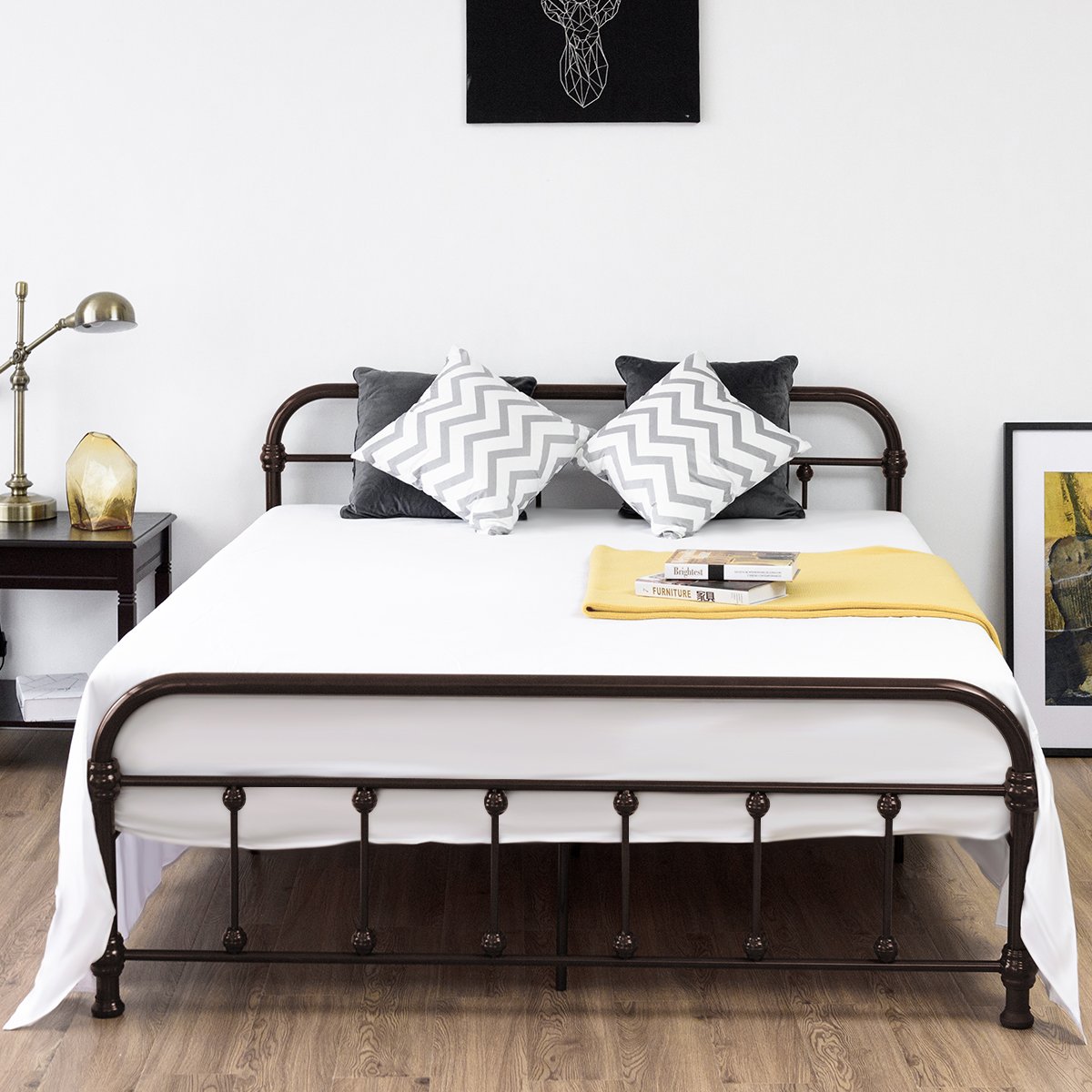 Giantex Queen Size Metal Platform Bed Frame with Headboard & Footboard - Sturdy Steel Slat & 9-Leg Support - Mattress Foundation & Box Spring Replacement - Chocolate Finish - Perfect for Modern Bedroom, Guest Room & Apartment Furniture