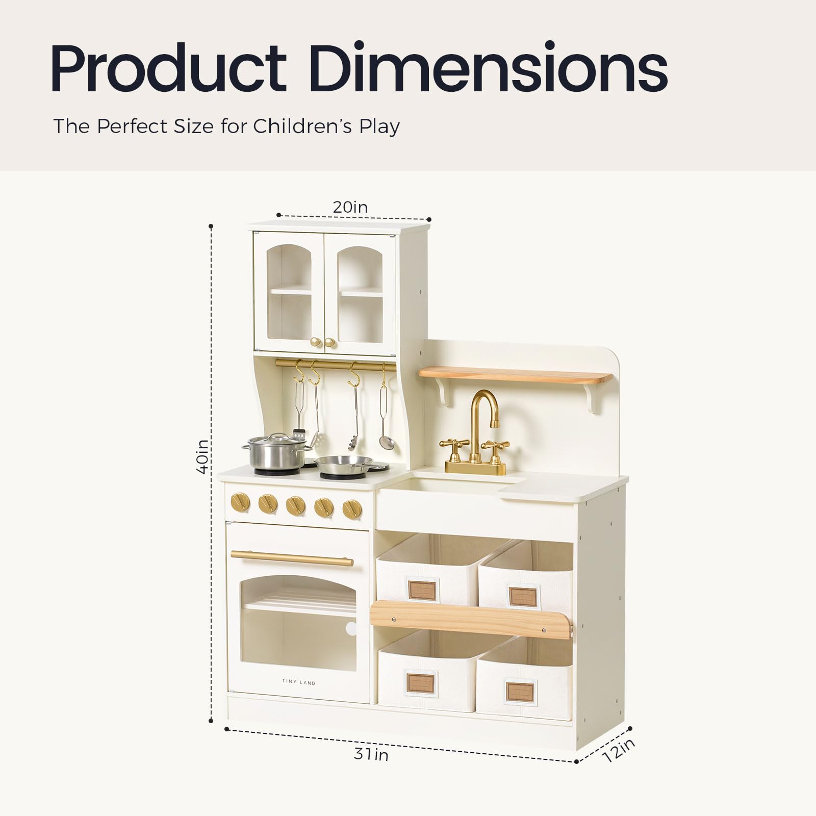 Tiny Land Wooden Play Kitchen for Kids - Toy Kitchen Set with Storage, Realistic Features & Accessories - Perfect for Pretend Play, Role-Playing & Early Learning - Ideal Gift for Toddlers Ages 3+ (Indoor Playroom, Preschool Classroom, Birthday Gift)