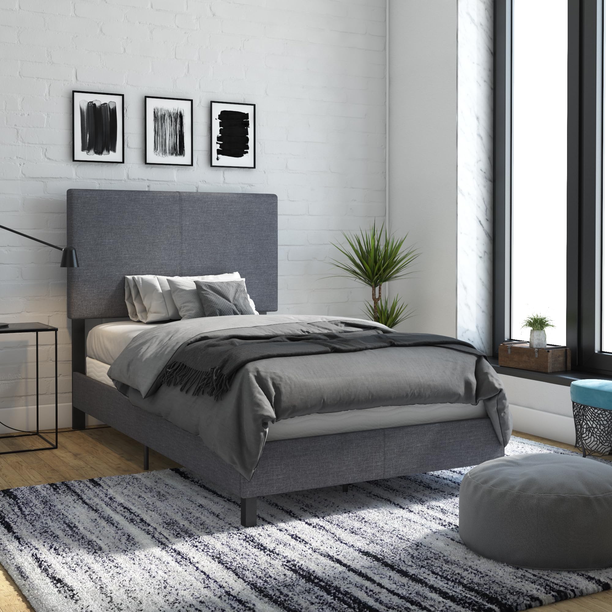 DHP Janford Upholstered Twin Size Bed Frame with Gray Linen Fabric - Modern Platform Bed for Small Spaces, Guest Rooms & Dormitories