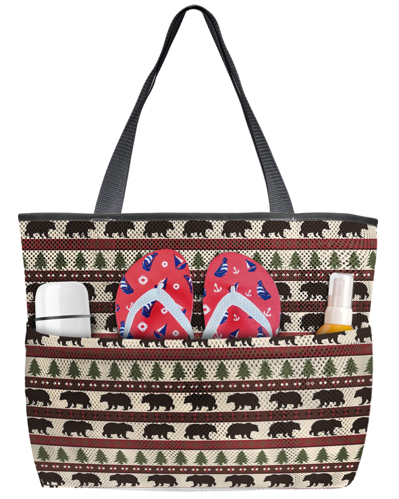 Large Mesh Beach Bag with 8 Pockets - Christmas Black Bear & Pine Tree Stripes Design - Women's Travel, Pool & Toy Tote for Summer Vacations, Beach Trips & Outdoor Adventures