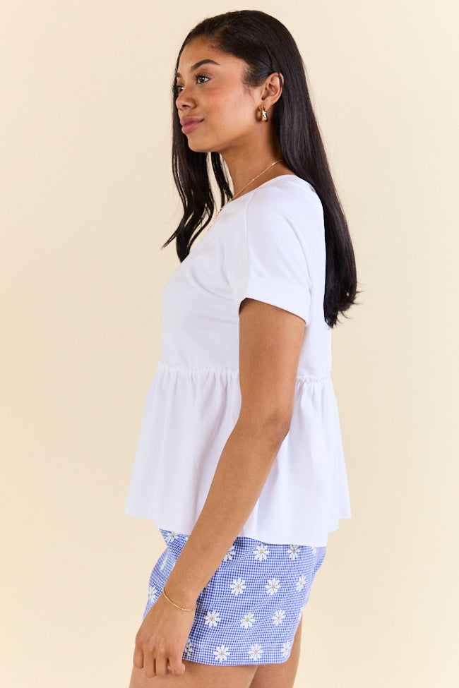 Elegant White Tie-Back Peplum Knit Top for Women | Casual & Office Wear | Soft Stretch Comfort | Trendy Summer Blouse for Date Night & Work Outfits