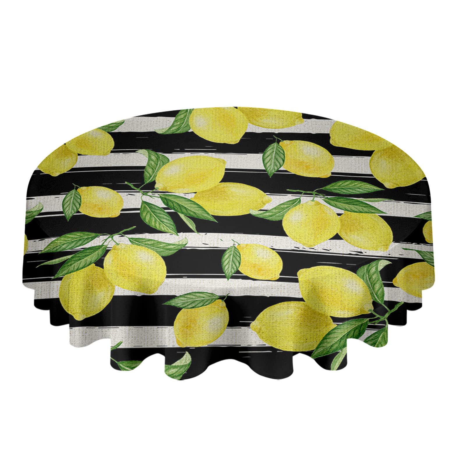 Vandarllin Waterproof & Oil-Resistant Polyester Round Tablecloth - 60 Inch Yellow Lemon Summer Fruit Print with Black Stripes for Home Dining, Outdoor Parties & Decor | Perfect for Picnics, BBQs, and Kitchen Decor