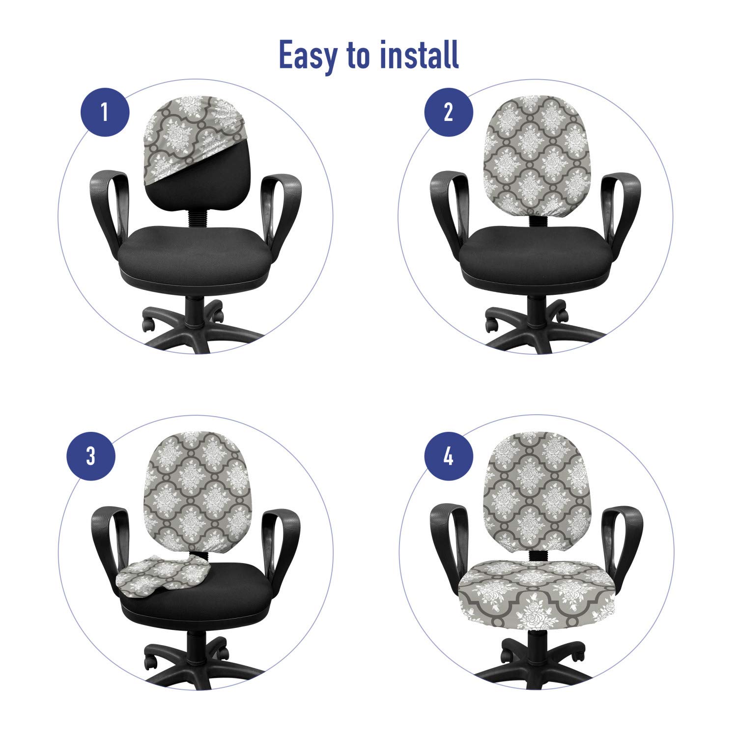 Lunarable Floral Office Chair Slipcover - Gothic Linked Rose Patterns with Leaves, Soft Stretch Fabric Cover for Home & Office Decor (Grey White) | Perfect for Desk Chairs, Conference Rooms & Home Offices