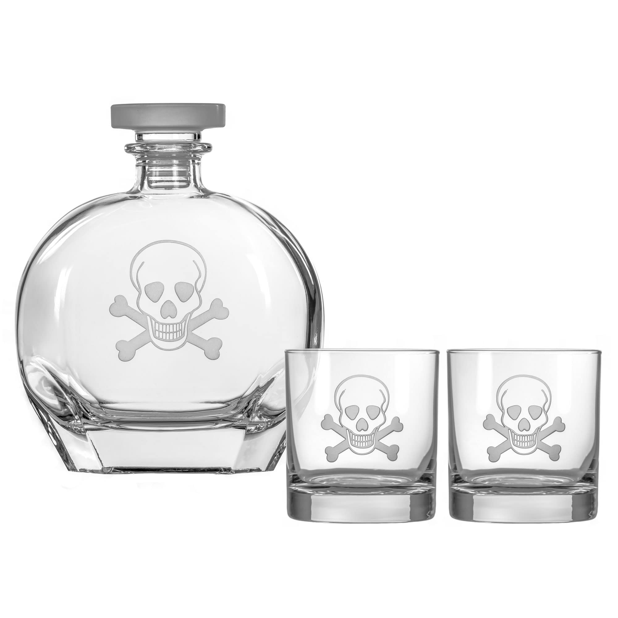 Premium Rolf Glass Skull & Crossbones Whiskey Decanter Set - 3-Piece with 2 Rocks Glasses & Airtight Stopper | Lead-Free Crystal Glass for Bourbon, Scotch, Rum & Liquor | Hand-Engraved Sand Art Design | Perfect for Home Bar, Man Cave & Gift Giving