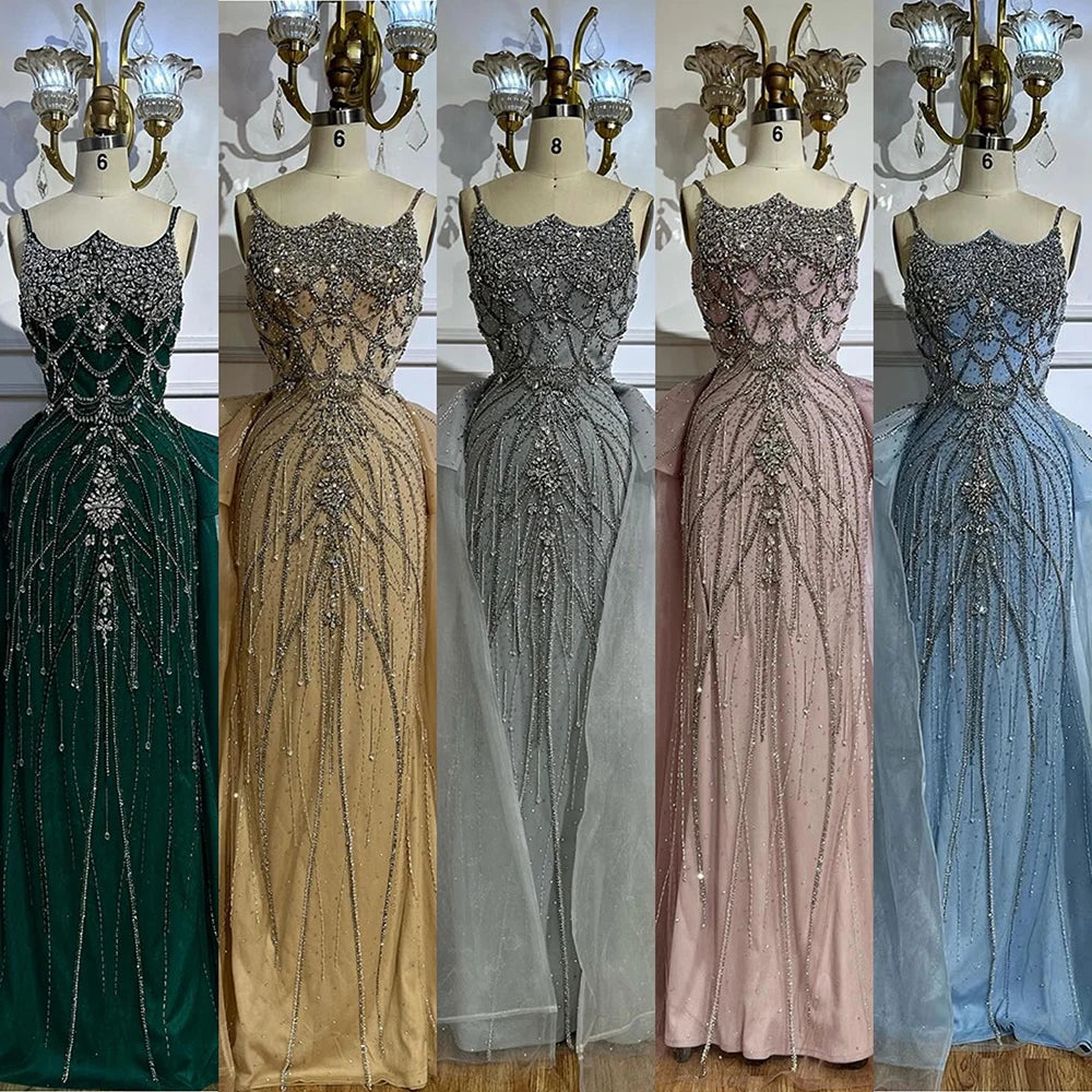 Luxury Dubai Nude Saudi Beaded Spaghetti Strap Evening Gown with Overskirt - Formal Dresses for Weddings, Prom & Special Occasions