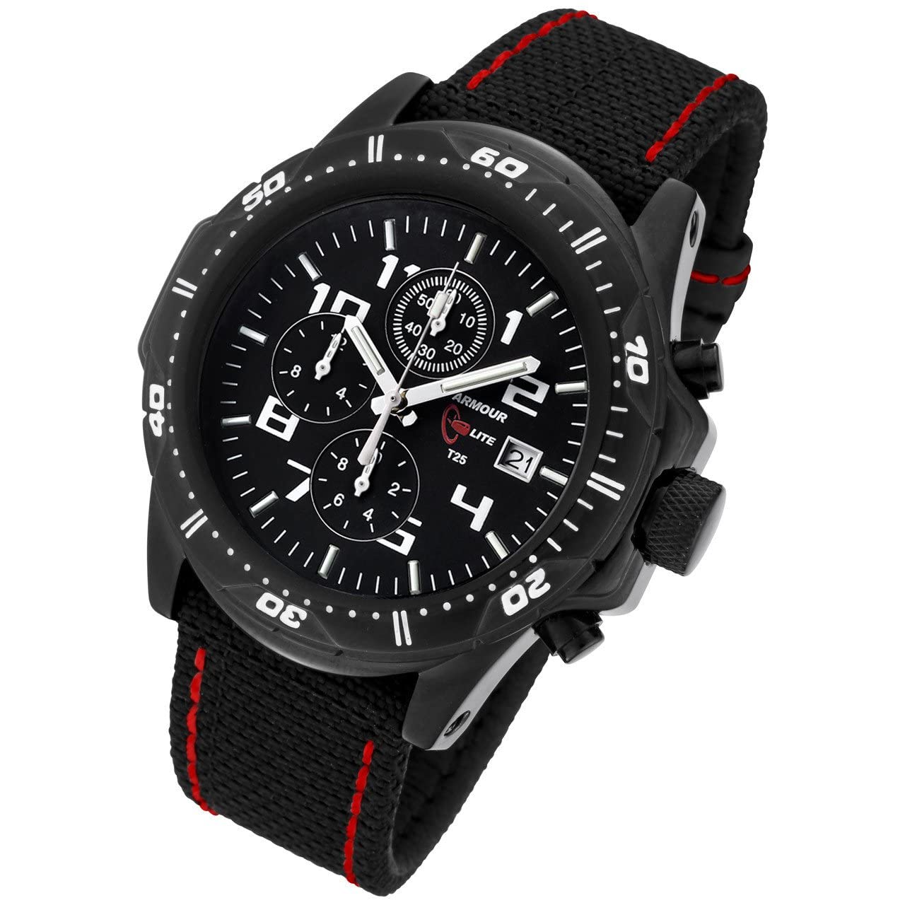 Armourlite Professional Series Black Chronograph Men's Watch with Black & Red Kevlar Strap - Waterproof Sports Watch for Diving, Running & Outdoor Activities