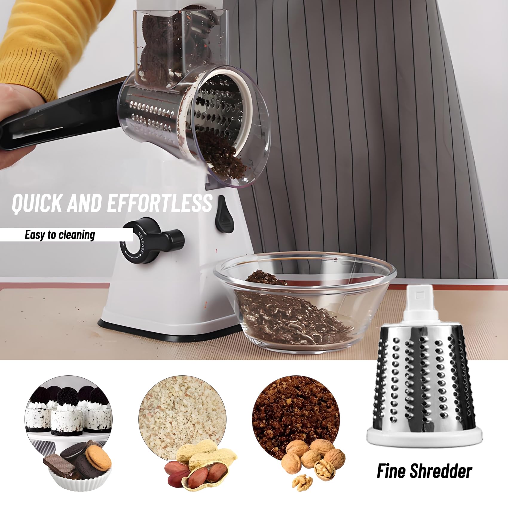 Rotary Cheese Grater with 3 Interchangeable Blades - Manual Speed Round Food Slicer & Nut Grinder with Strong Suction Base - Perfect for Cheese, Vegetables, Walnuts, Chocolate, Potatoes & Carrots (White) - Ideal for Kitchen, Camping & Food Prep