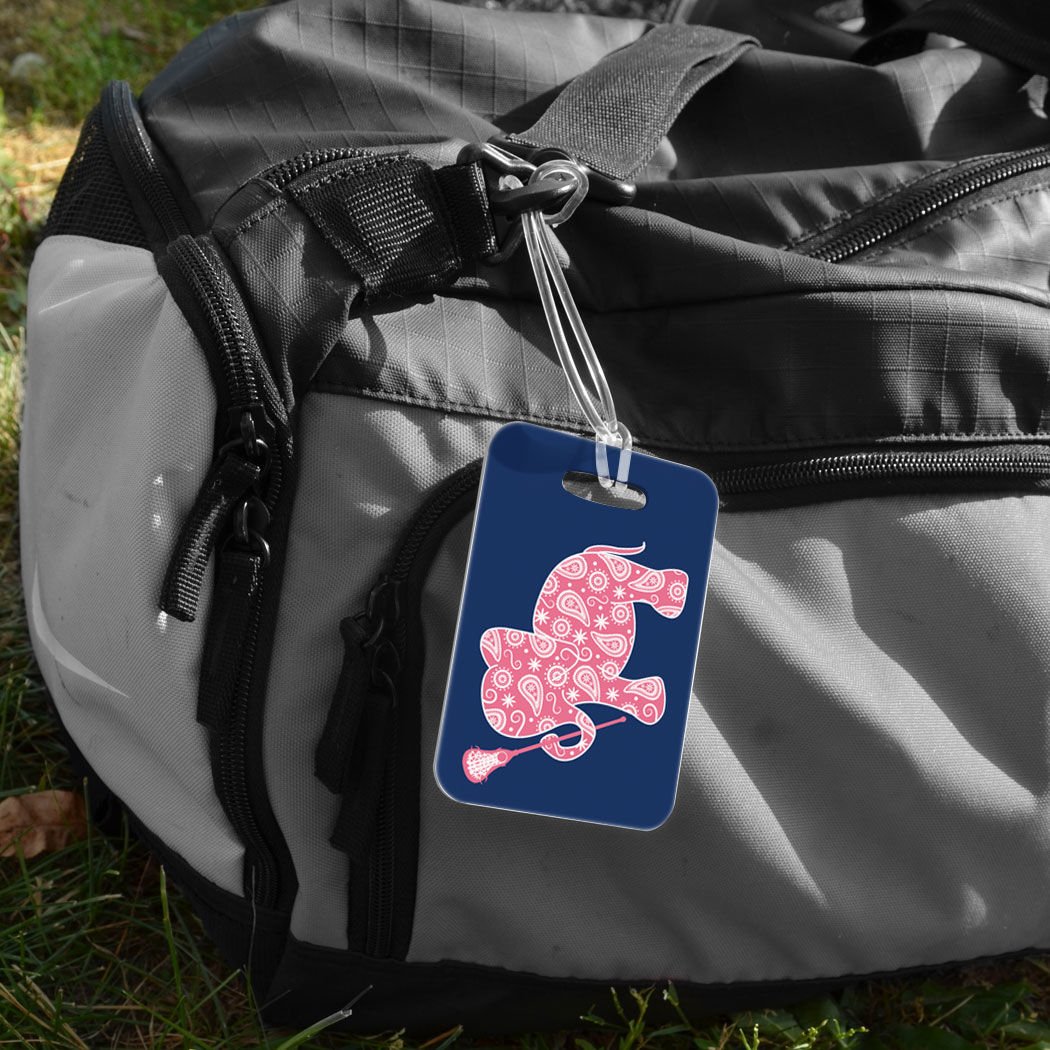Custom Girls Lacrosse Luggage Tag - Personalized Lax Elephant Design with Info Panel - Medium Navy Sports Bag Tag for Travel & Team Gear Identification