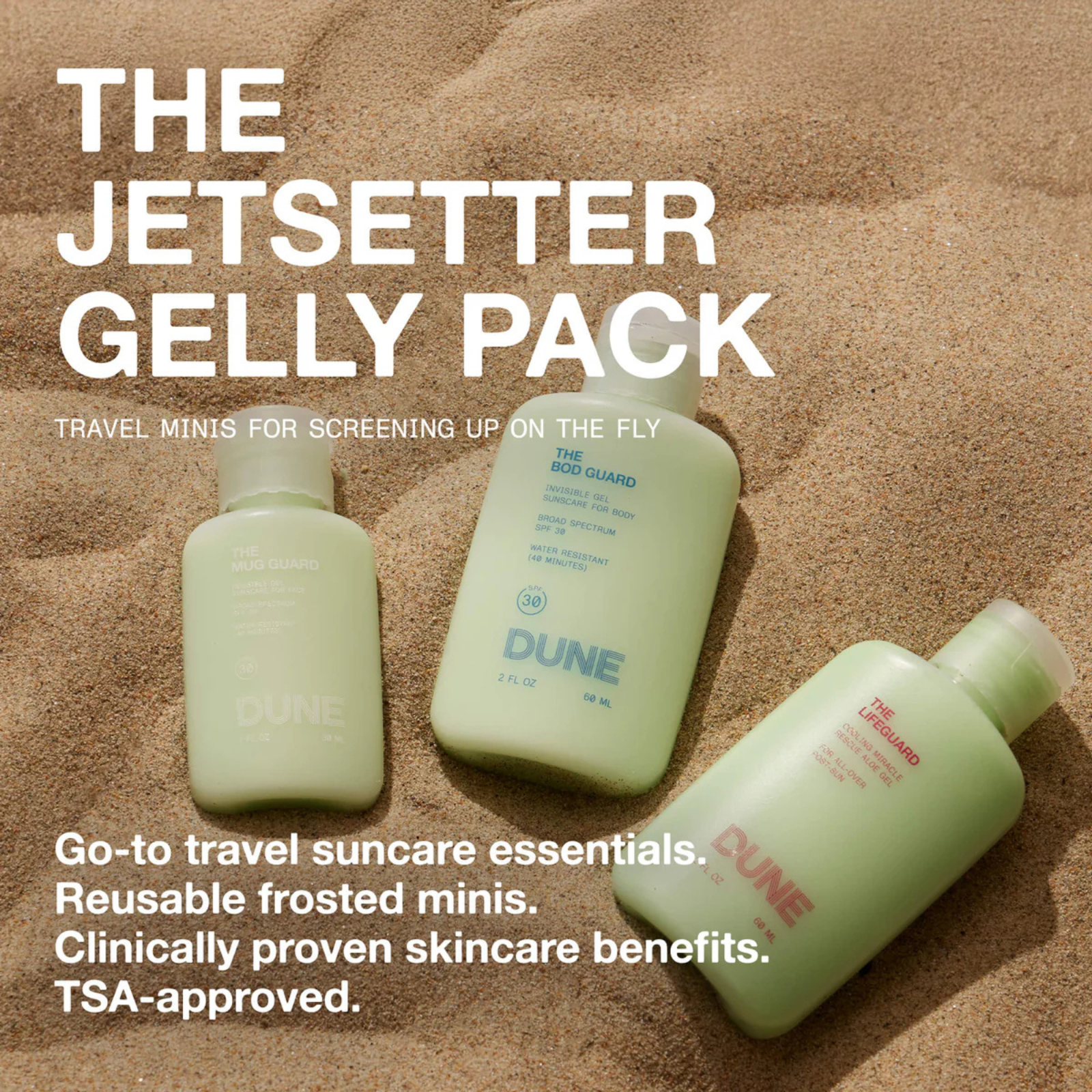 Dune Suncare The Jetsetter Gelly Pack Travel Sunscreen Minis - TSA Approved SPF 30 Sunscreen for Face & Body - Perfect for Beach, Vacation & Outdoor Activities