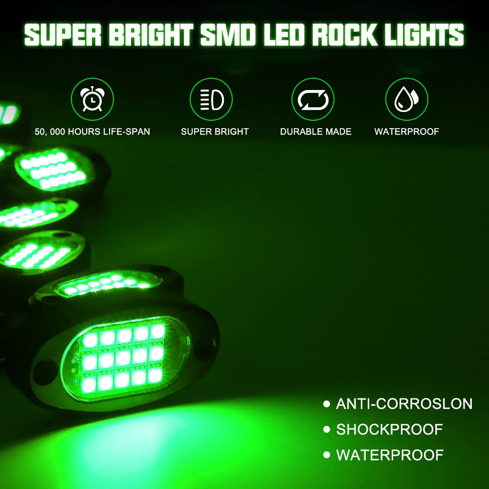 Winunite 8 Pods Quick Connect Green Rock Lights - 4M Extension Wires Each, 15 SMD Chips, High Adhesive Stickers, IP67 Waterproof - Off-Road Lighting for Trucks, Trailers, SUVs, ATVs, UTVs & Boats - Perfect for Night Driving, Camping & Outdoor Adventures