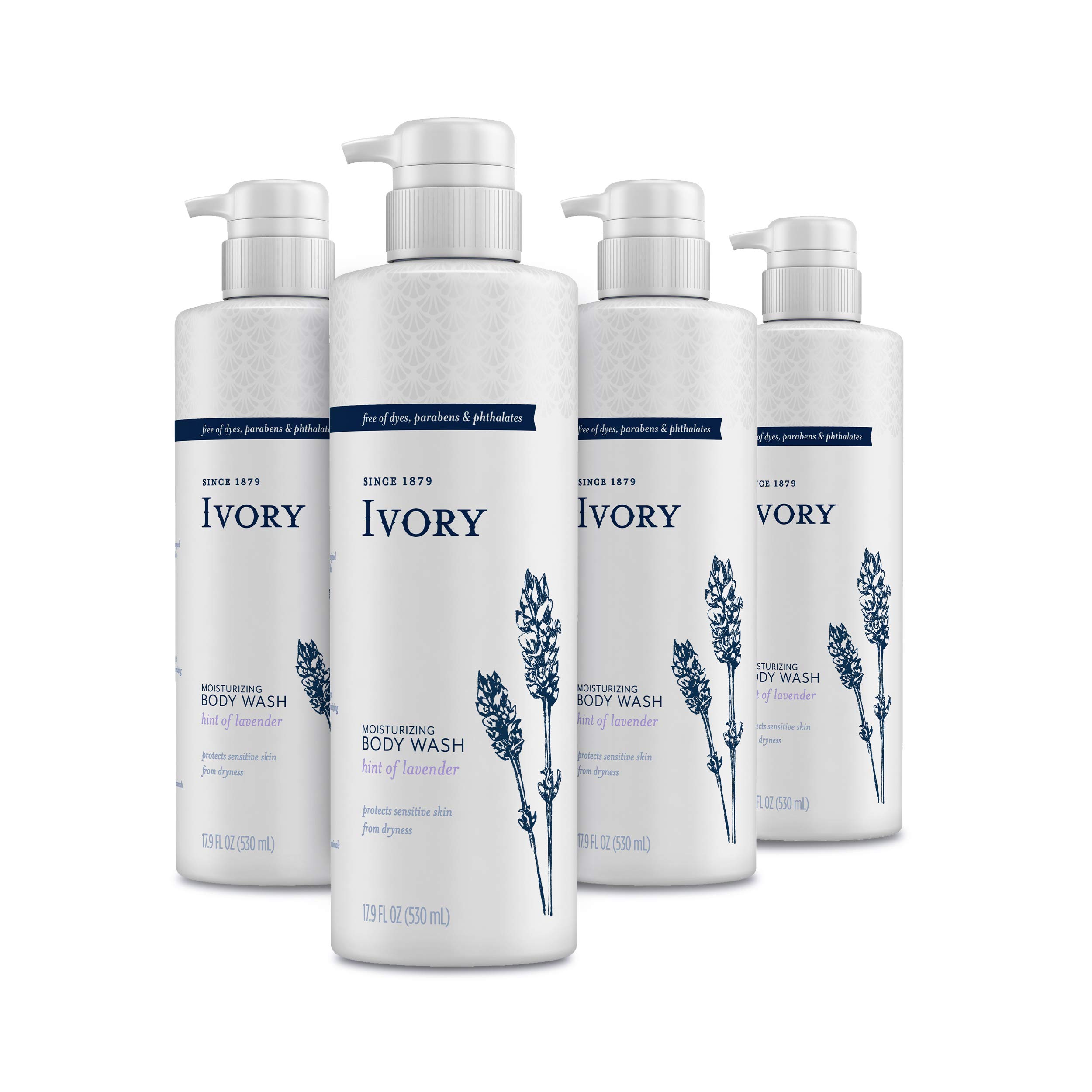 Ivory Sensitive Skin Moisturizing Body Wash with Lavender - 17.9 Fl Oz (Pack of 4) - Gentle Hydrating Shower Gel for Dry & Irritated Skin - Perfect for Daily Use & Relaxing Bath Time