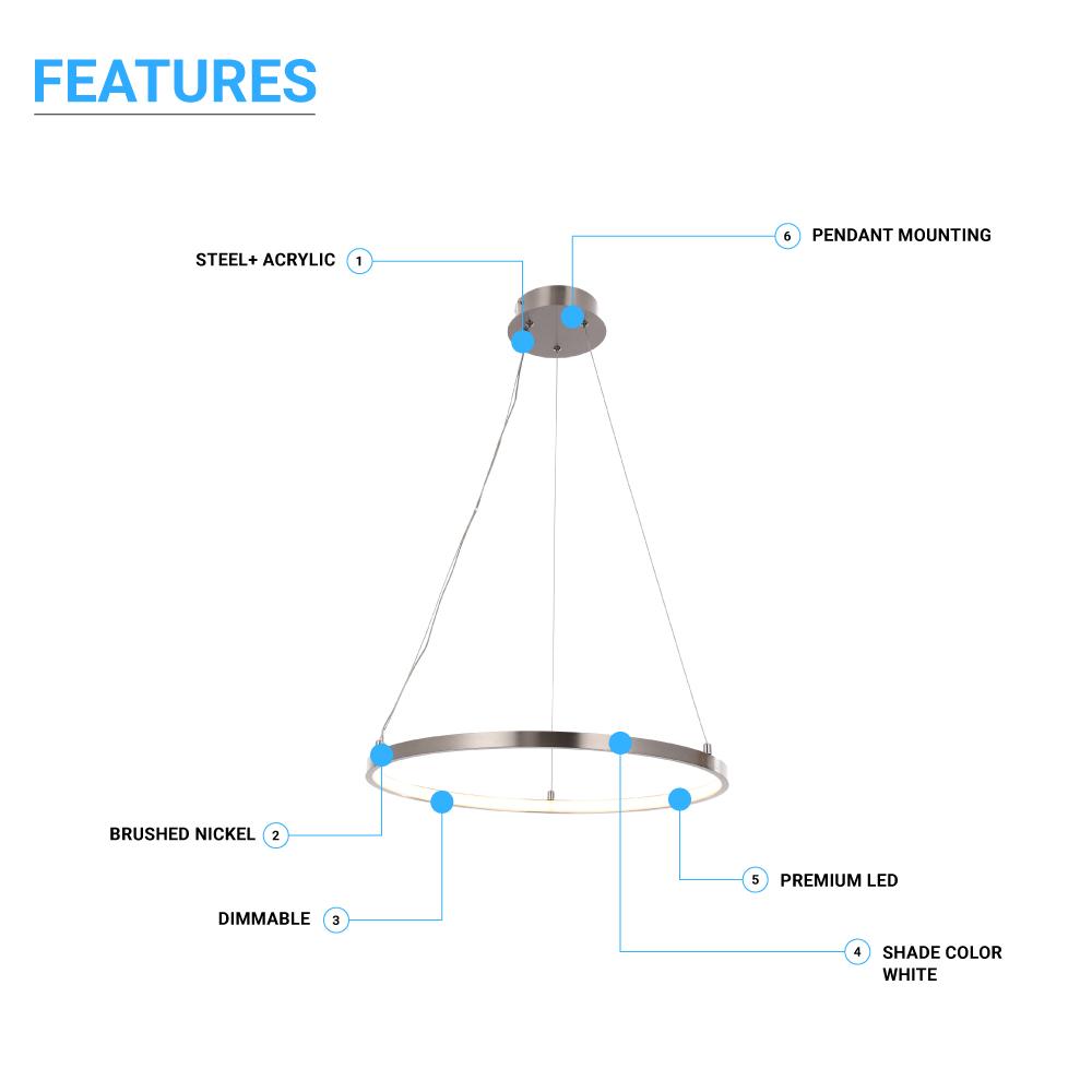 35W Brushed Nickel LED Pendant Light with White Acrylic Shade - 3000K Warm White, 2000 Lumens, ETL Certified - Perfect for Kitchen Island, Dining Room, and Bedroom Lighting