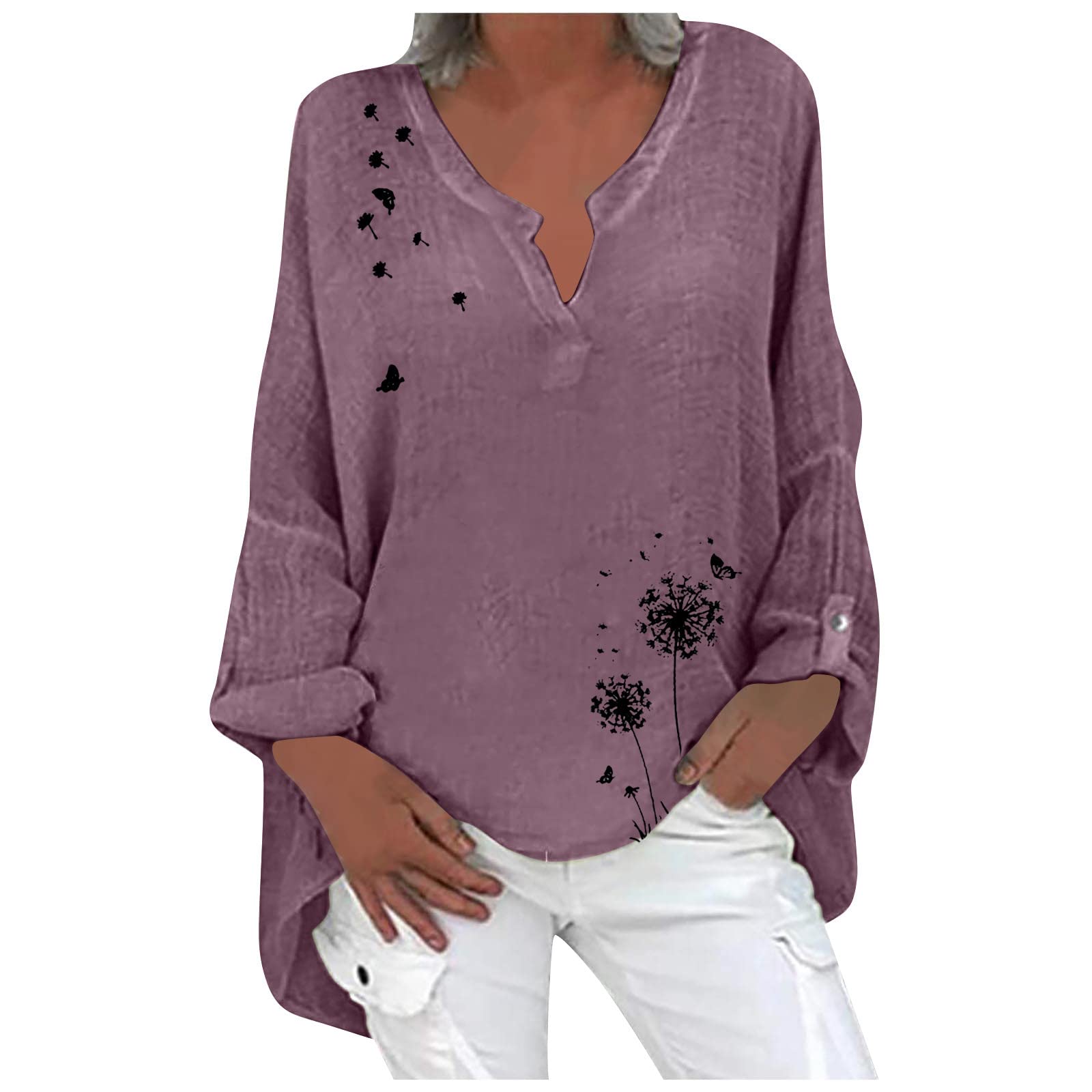 GIPQJK Women's Linen Button Down Shirt - Cotton V-Neck Loose Blouse, Short Sleeve Casual Work Tunic Top - Breathable & Lightweight for Summer, Office, and Everyday Wear