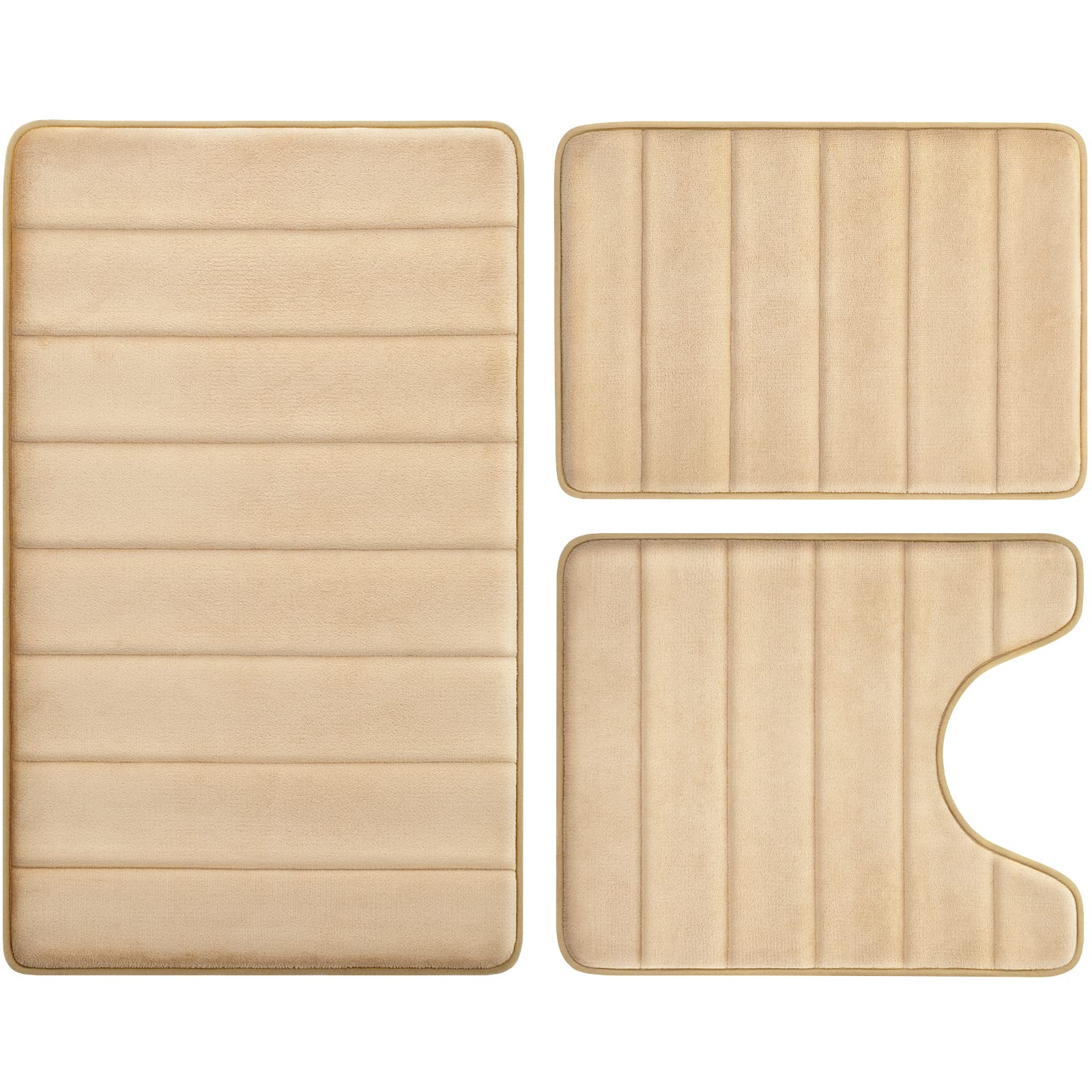 BYSURE Beige Memory Foam Bathroom Rug Set 3 Piece - Ultra Soft Non-Slip Absorbent Bath Mats, Machine Washable & Quick Dry Toilet Mat for Bathroom Floor - Perfect for Bathroom, Shower, and Vanity Areas