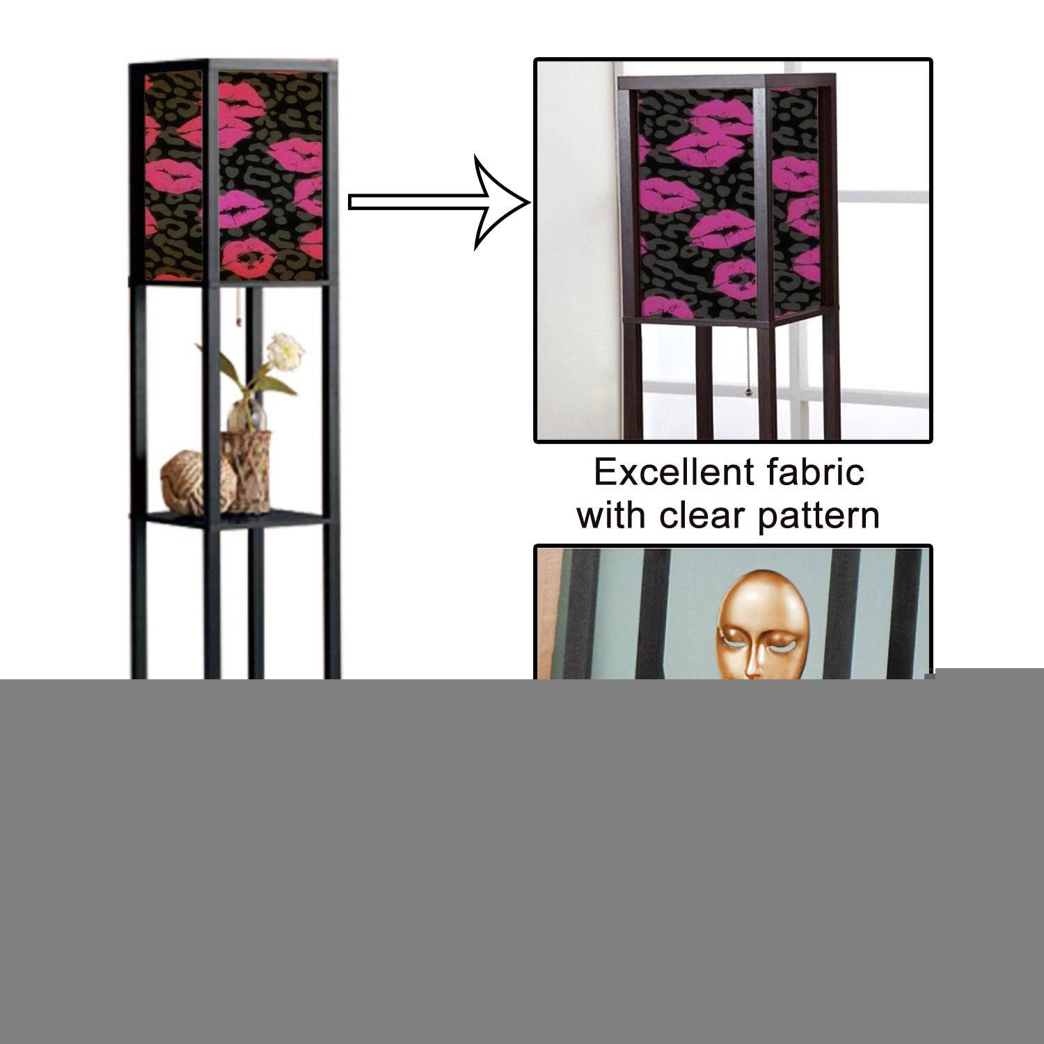 Seamless Repeat Standing Floor Lamp with Shelves & Flaxen Fabric Shade - Tall Corner Lamp for Living Room, Bedroom, Office - Modern Aesthetic Home Decor Lighting for Reading & Relaxation