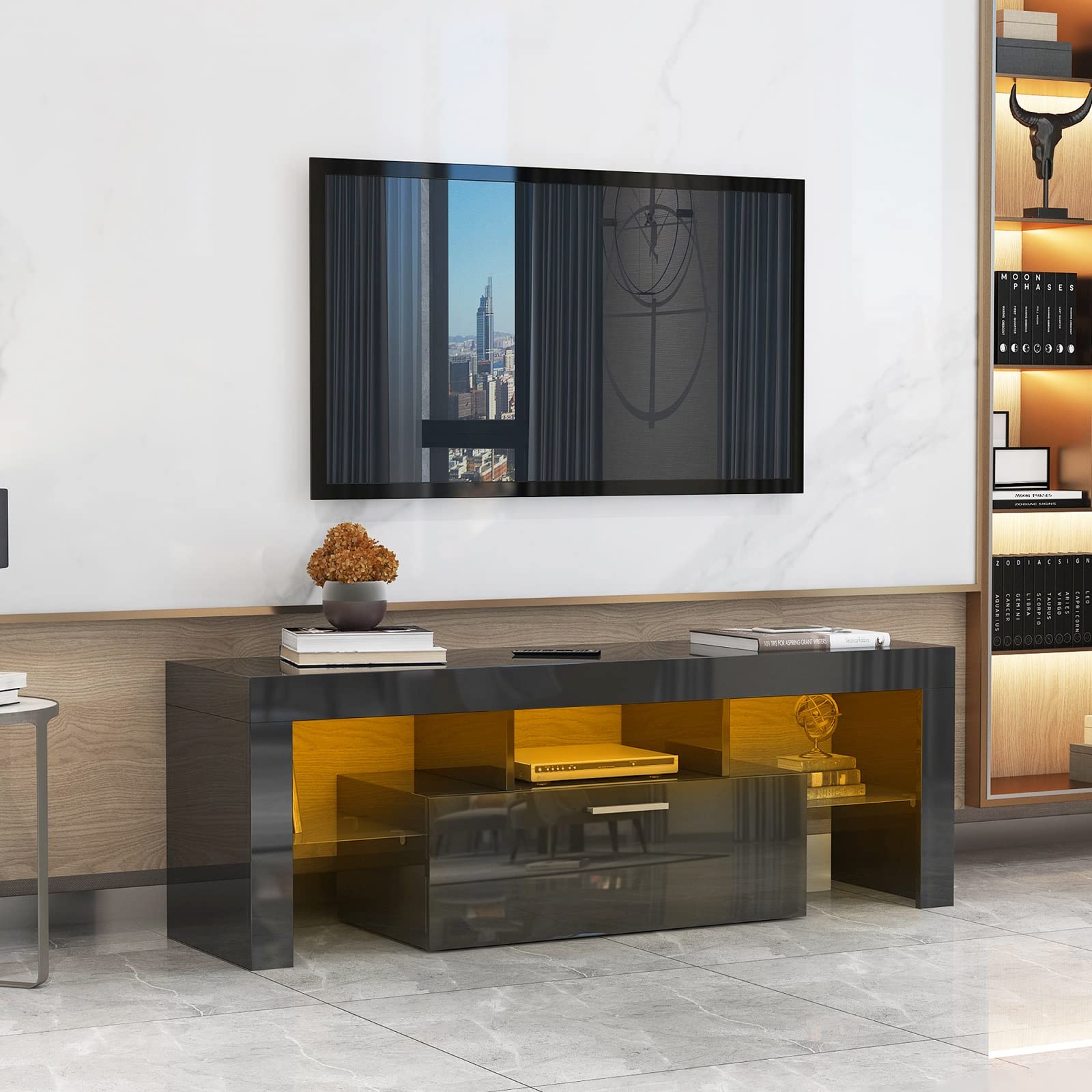 16-Color LED TV Stand with Storage Drawers - Modern High Gloss Entertainment Center for 55 Inch TVs - Living Room & Bedroom TV Console Table (Black) | Perfect for Movie Nights & Home Theater Setups
