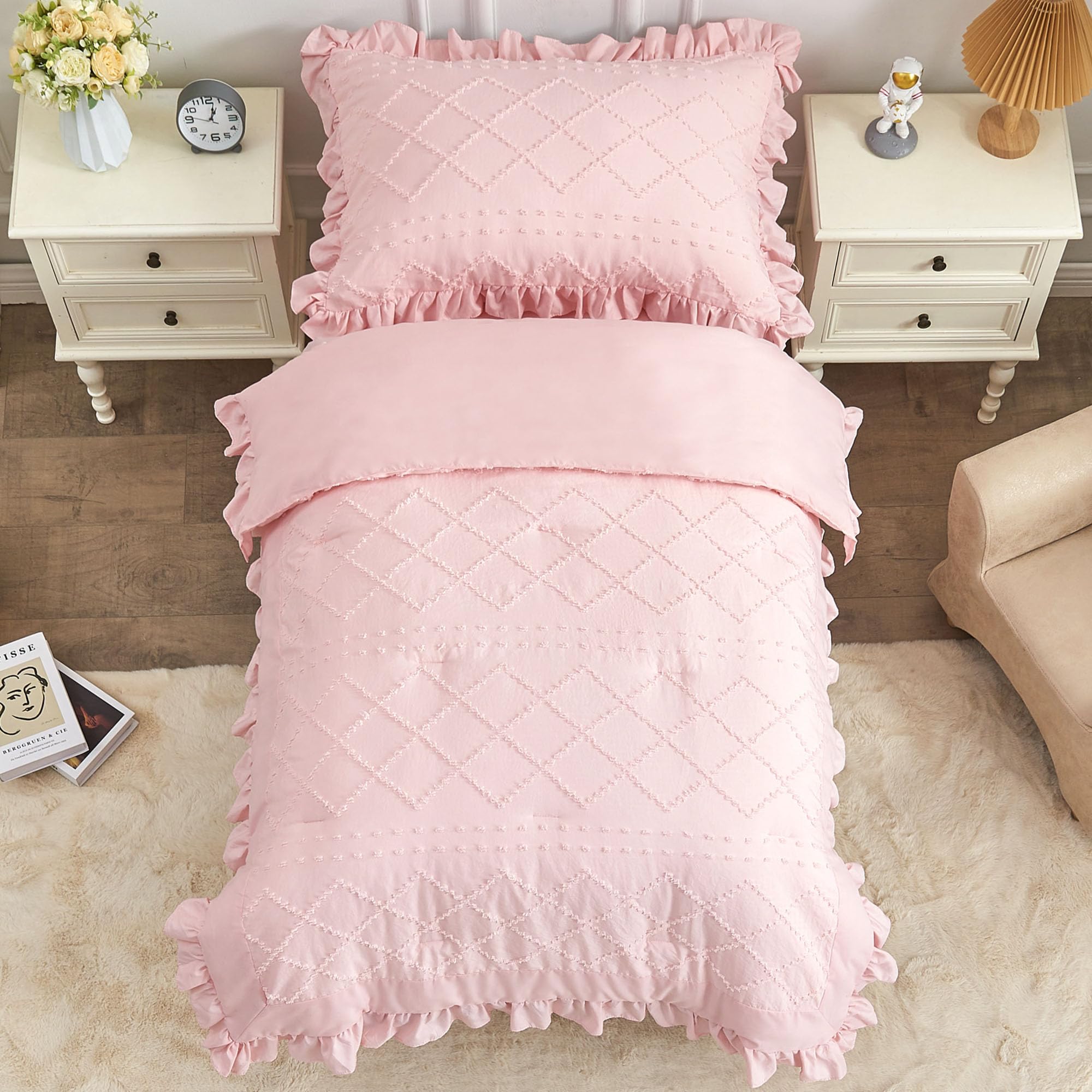 4-Piece Boho Pink Toddler Bedding Set for Girls - Jacquard Tufted Comforter, Ruffle Fringe, Flat Sheet, Fitted Sheet & Pillowcase | Soft & Cozy Bed-in-a-Bag for Kids Room, Nursery or Sleepovers