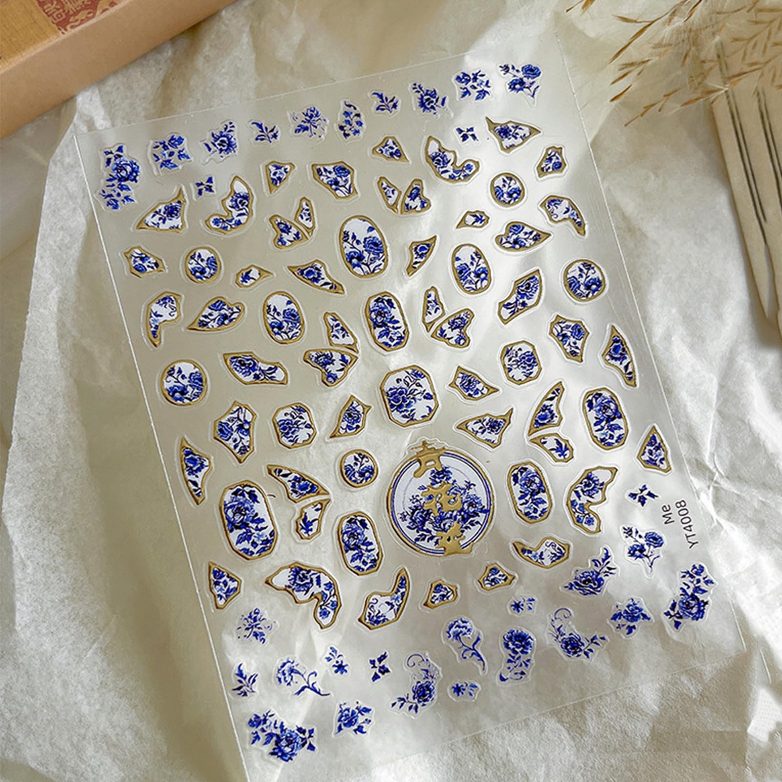 Blue and White Porcelain Nail Stickers - Chinese Style Floral Nail Art Decals with Adhesive Backing, Small Flower French Manicure Supplies, Irregular Bronzing Nail Decor for DIY Nail Design | Perfect for Wedding, Party, and Special Occasion Nail Art