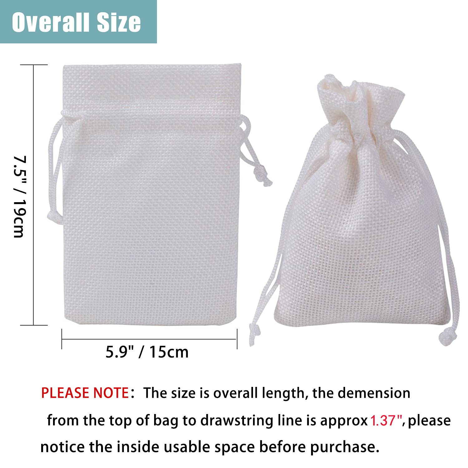 50Pcs White Burlap Drawstring Bags 5.9