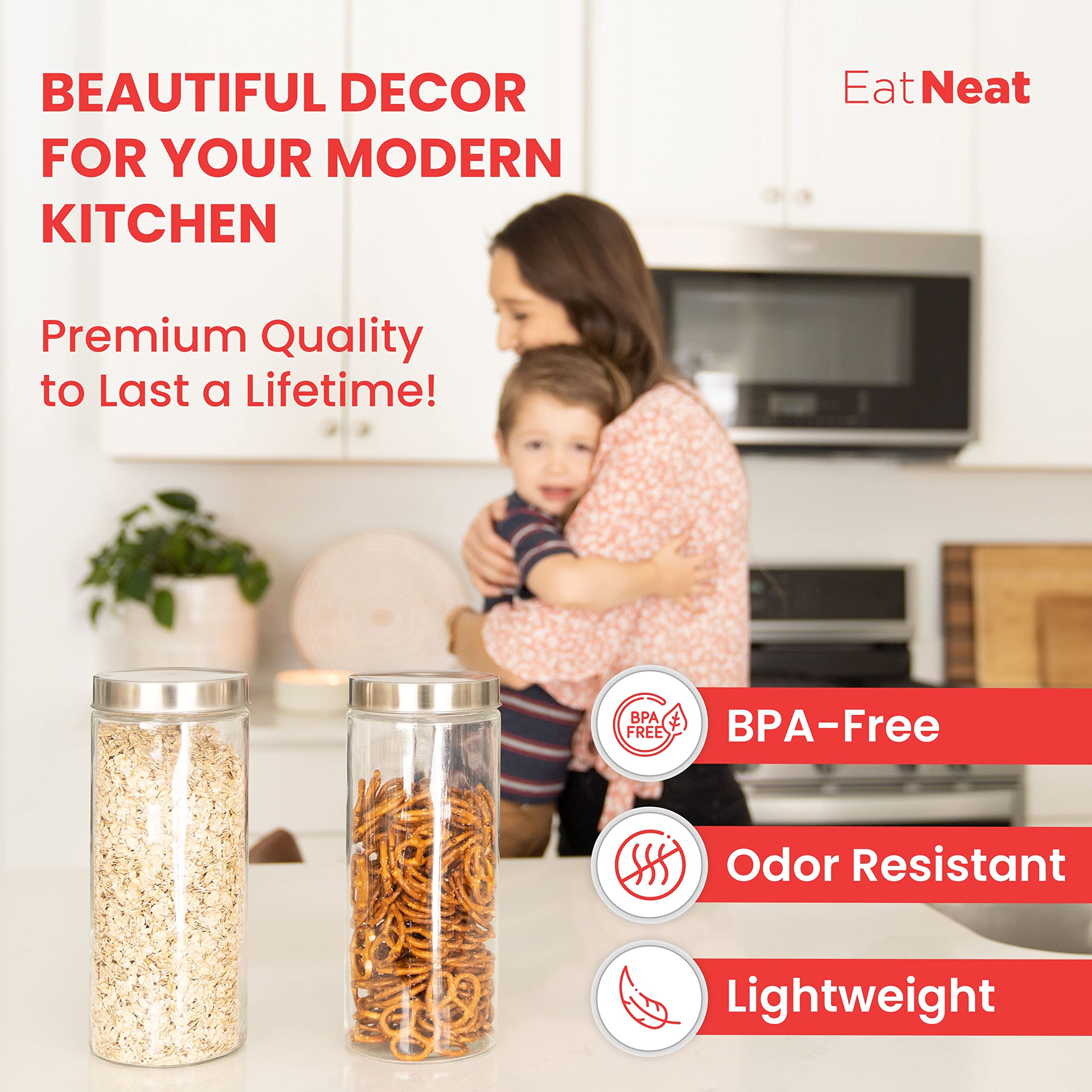 EatNeat 6-Piece Glass Canisters Set with Airtight Stainless Steel Lids - Tall Pantry Storage Jars for Flour, Sugar, Coffee & Kitchen Organization - Perfect for Baking, Meal Prep & Home Decor