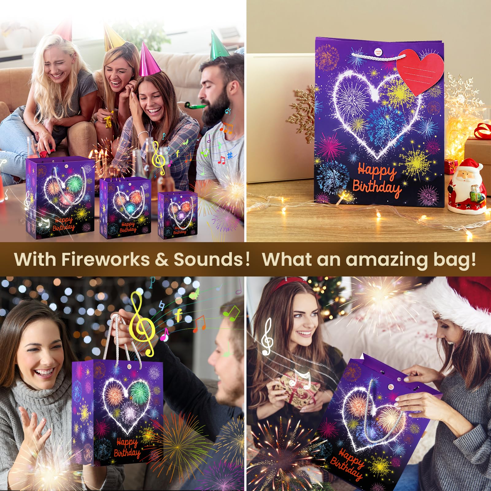 Magical Light Up Sound Birthday Gift Bags with Fireworks & Cheering Effects - Large Party Favor Bags for Women, Men, Wife, Husband - Perfect for Birthdays, Anniversaries & Celebrations
