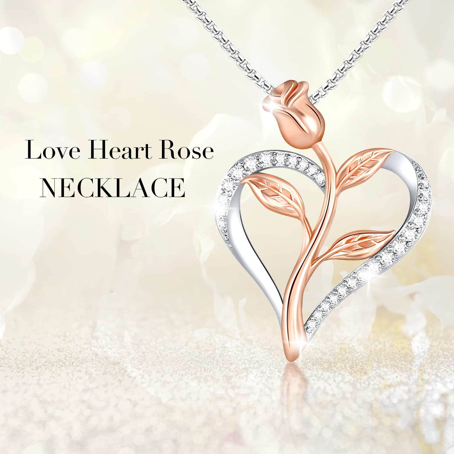 Valentine's Day Rose Necklace for Women - Cubic Zirconia Heart Pendant in Silver & Rose Gold 2-Tone with Jewelry Box - Perfect Romantic Gift for Her, Birthday, Anniversary & Special Occasions