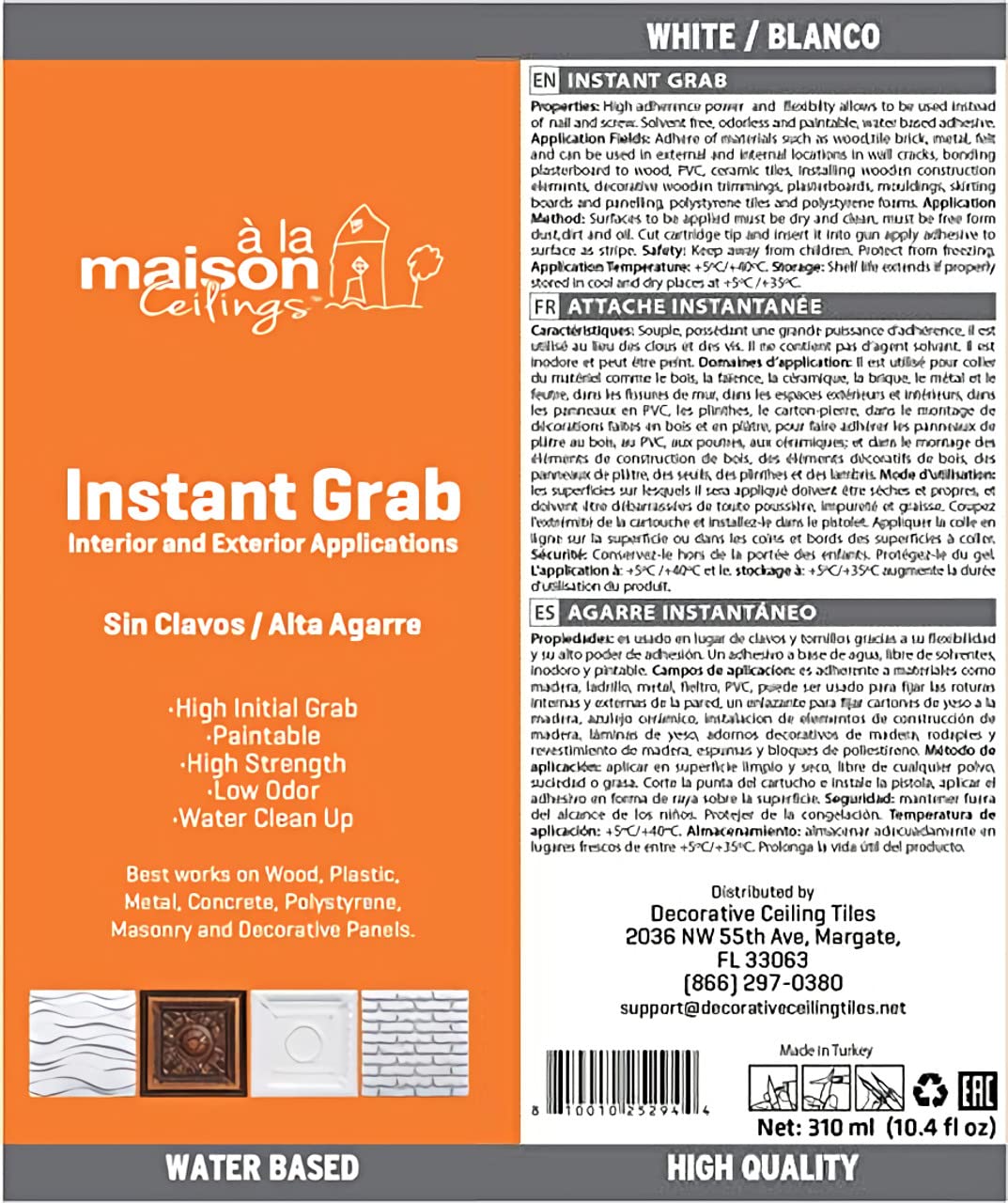 A la Maison Instant Grab High-Strength Adhesive - Water-Resistant Glue for Ceiling Tiles, Wall Panels & Crown Molding - Quick-Bond Formula for Indoor/Outdoor Use (24-Pack) - Perfect for Home Renovation and DIY Projects