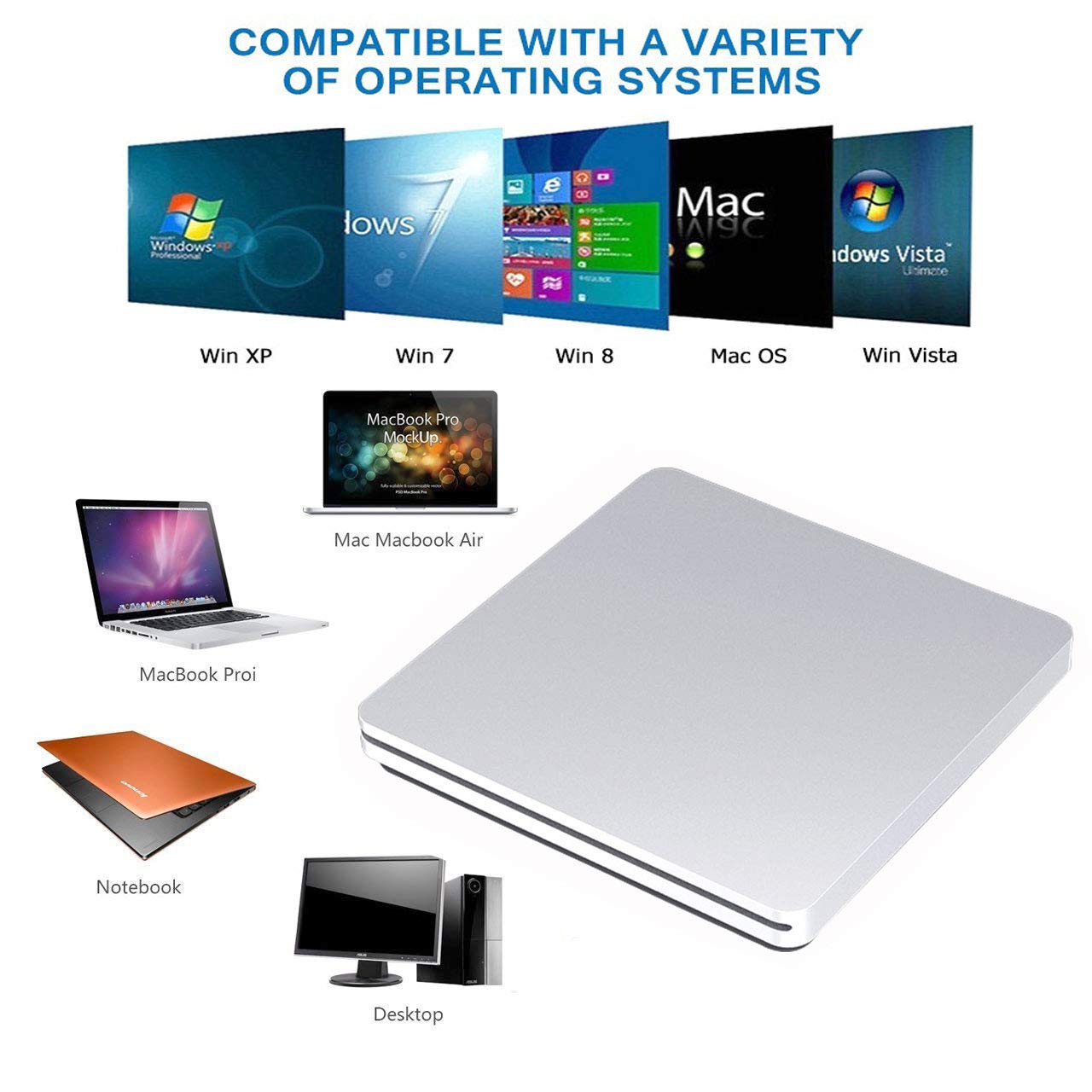 Aouan USB-C External CD DVD Drive Burner - Portable Slim Optical Disc Reader with USB 3.0 Adapter for MacBook Pro, PC, Laptop, Windows 10/8/7 - Silver | Perfect for Home Office, Travel & Media Backup