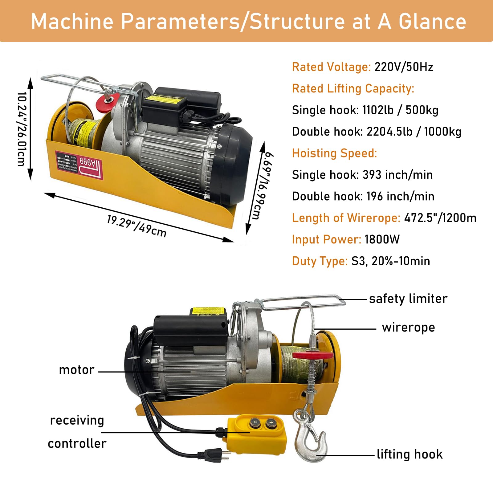 INTSUPERMAI 2000 lbs Electric Hoist Crane - Heavy Duty Overhead Lift Winch with Wire Rope, 220V Garage Ceiling Pulley System for Workshop, Construction, and Automotive Repair