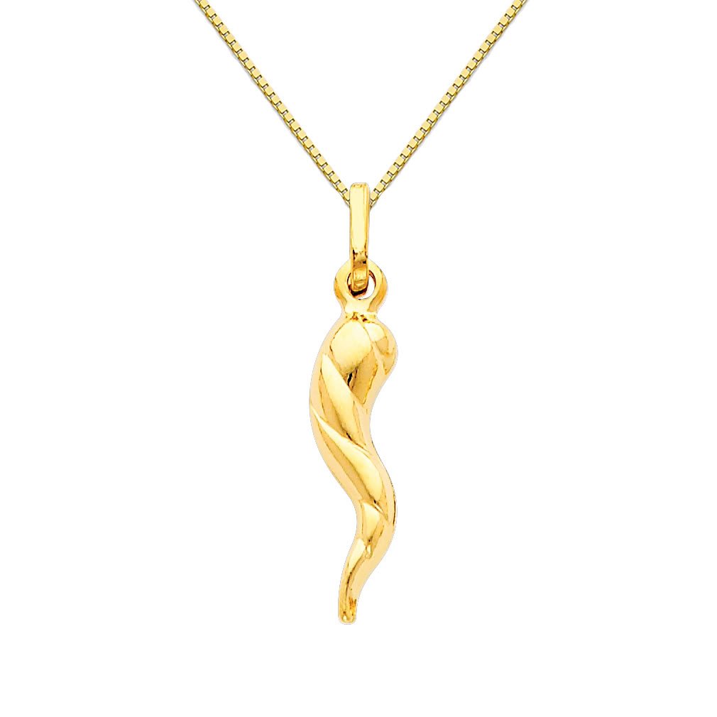 14K Yellow Gold Twisted Cornicello Italian Horn Pendant Necklace with 0.65mm Box Chain - Authentic Italian Charm Jewelry for Good Luck & Protection - Perfect Gift for Birthday, Anniversary and Special Occasions