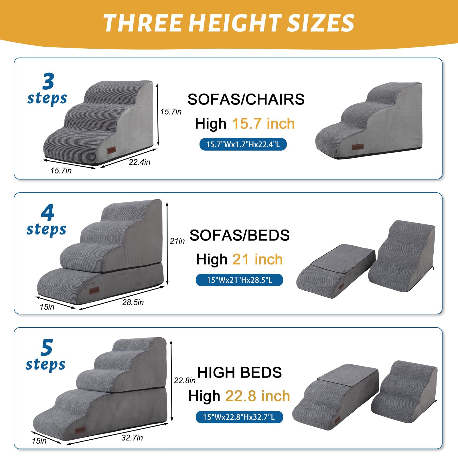 3-Tier Non-Slip Dog Ramp & Stairs for High Beds & Couches - Sturdy Pet Steps for Small Dogs - Perfect for Elderly Pets & Post-Surgery Recovery - Home & Travel Use