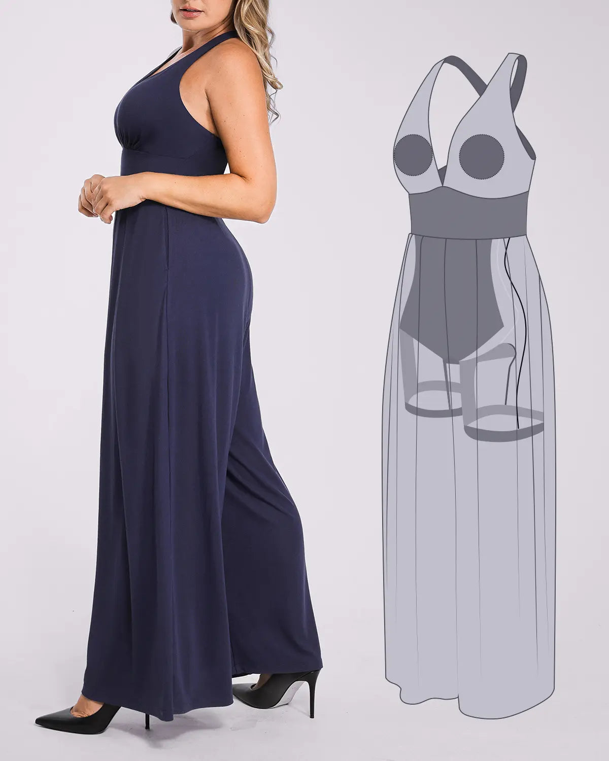 Deep V Neck Slimming Jumpsuit for Women - Tummy Control Bodysuit with Built-in Shapewear - Perfect for Parties, Date Nights & Special Occasions