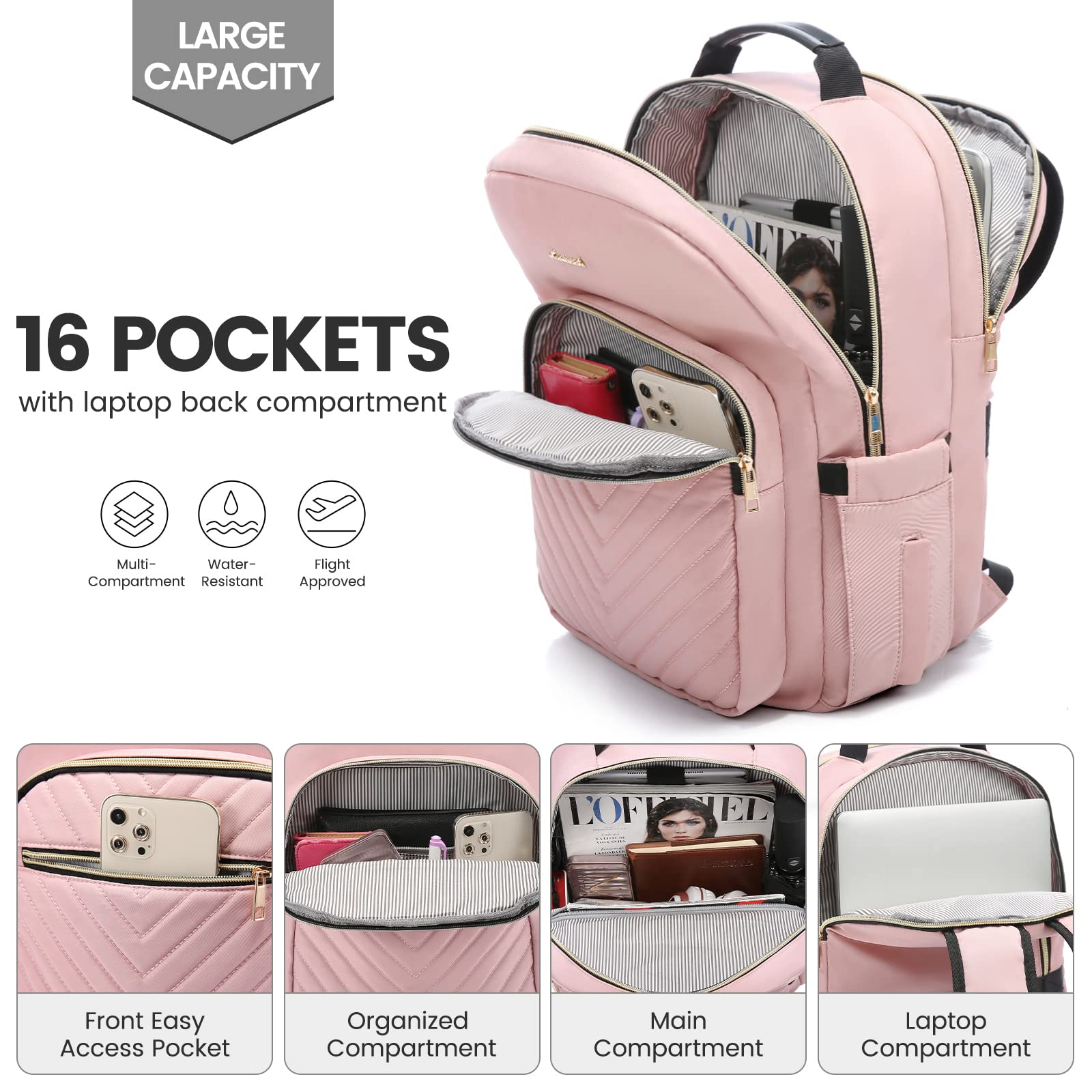 LOVEVOOK 17.3 Inch Laptop Backpack for Women - Stylish Waterproof Travel Backpack with USB Port, Professional Work Bag for Business, College, Teacher, and Everyday Use, Pink