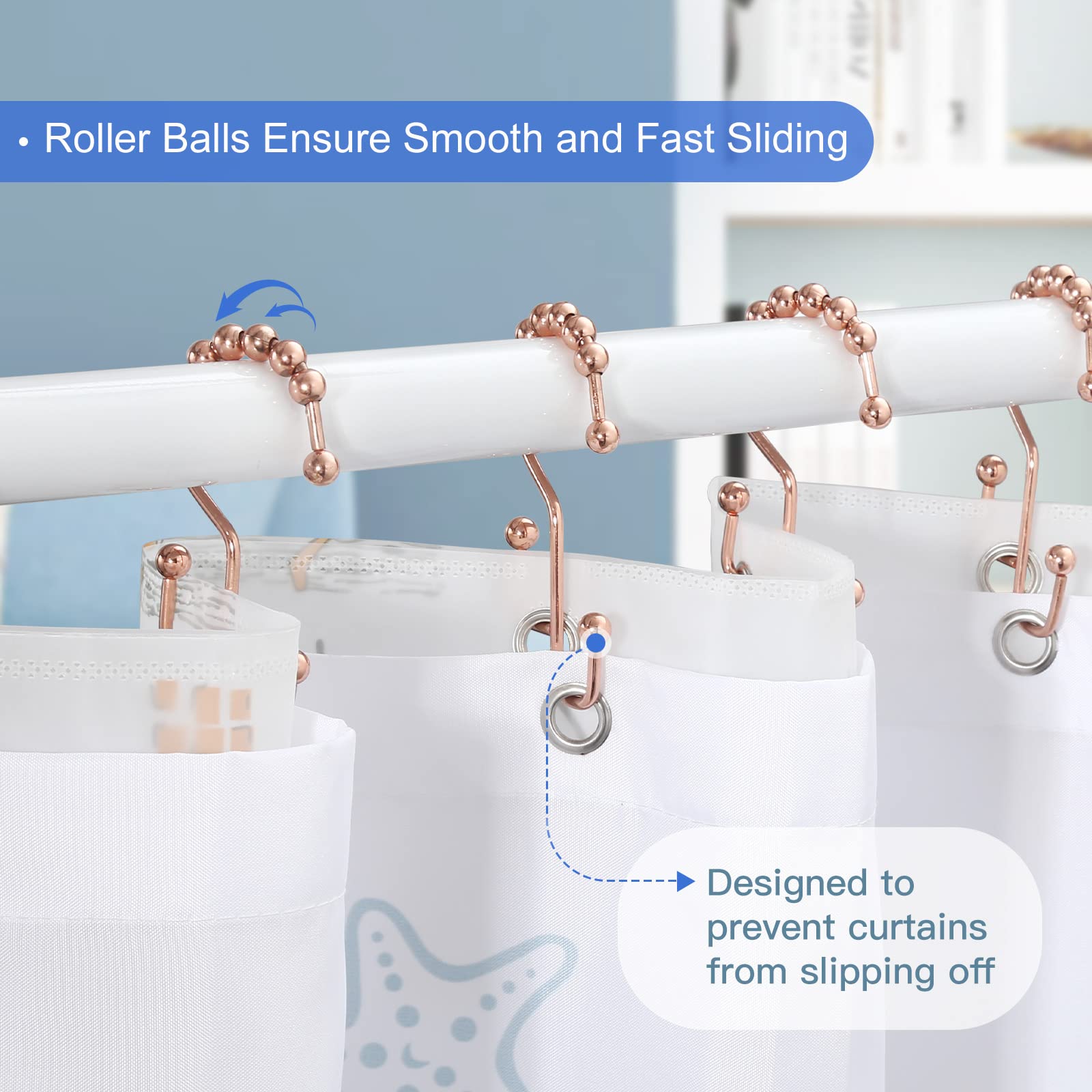 SUTINE 12-Pack Rose Gold Shower Curtain Rings - Rust-Resistant Stainless Steel Hooks with Smooth Sliding Design for Double Shower Curtains & Liners | Perfect for Bathroom, Hotel, and Dorm Decor
