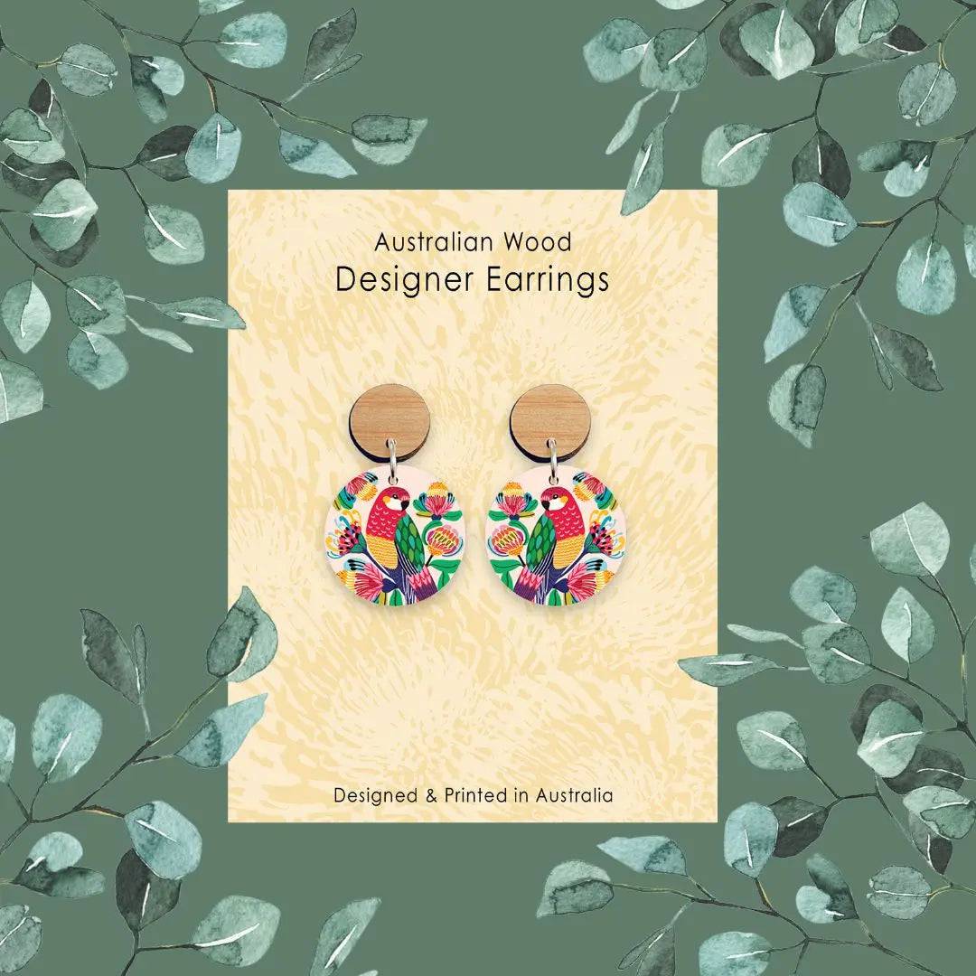 Handmade Australian Rosella Birds Wooden Earrings - Unique Boho Dangle Earrings for Women - Perfect for Casual Wear, Parties & Gifts
