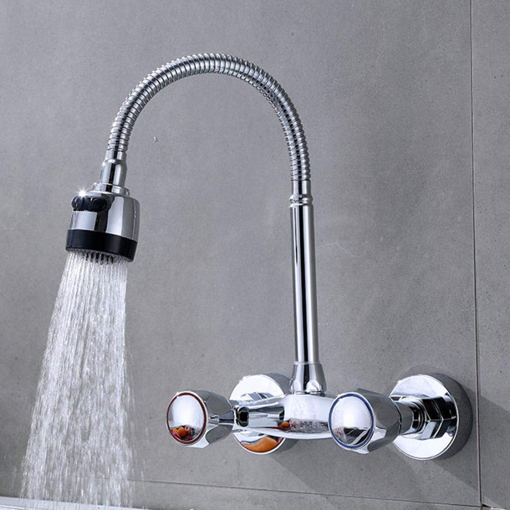 Wall Mounted Faucet - Copper Chrome Kitchen Sink Faucet with Double Handle, Hot & Cold Mixing Valve for In-Wall Installation | Perfect for Balcony, Laundry Room & Utility Sink Applications