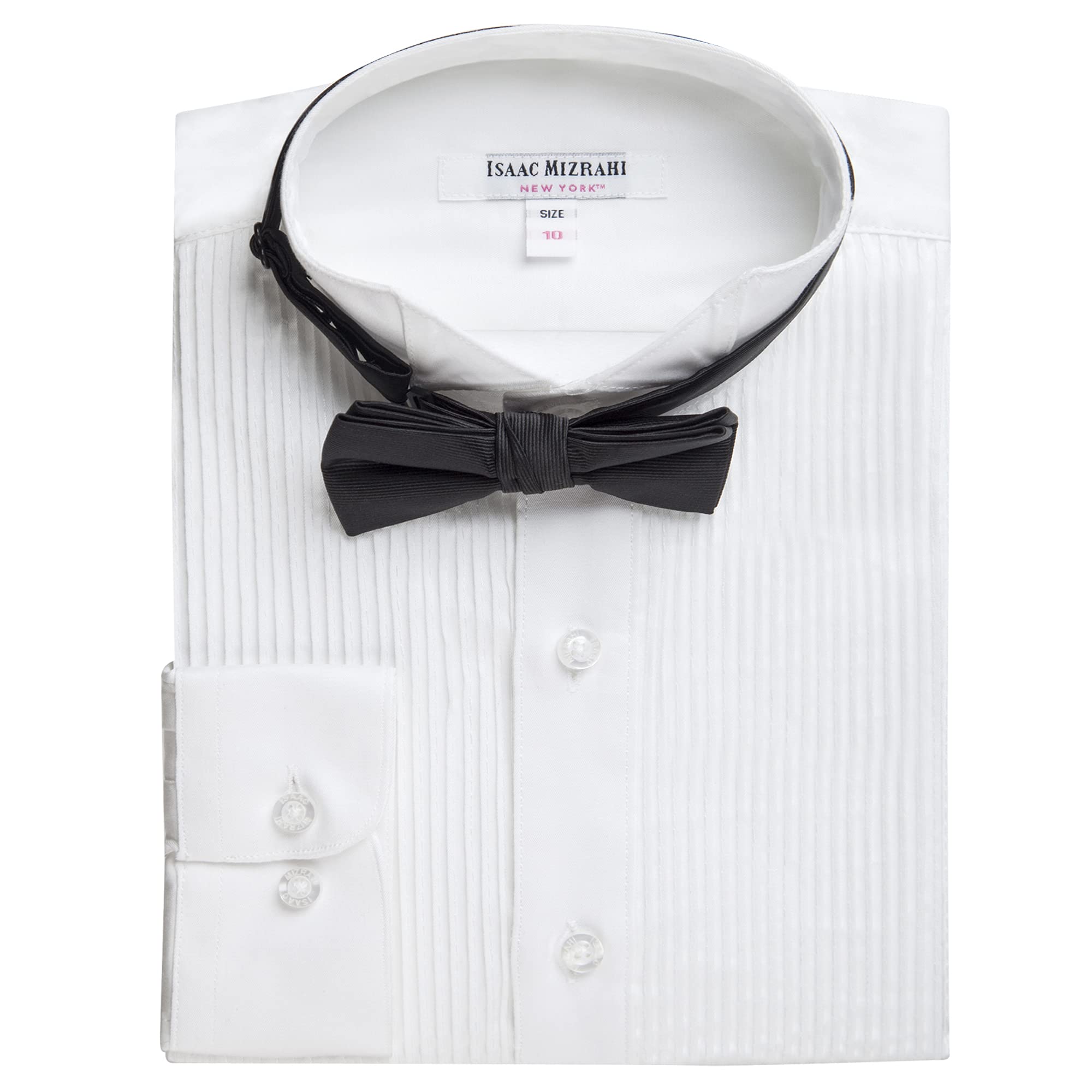 Isaac Mizrahi Boys' 100% Cotton Formal Tuxedo Shirt with Button Cuff, French Cuff & Wing Tip Collar - Includes Bowtie - Perfect for Weddings, Prom, Parties & Special Occasions