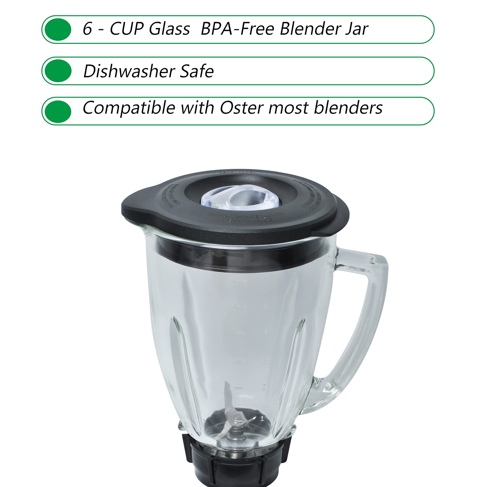 Oster & Osterizer Blender Replacement 6 Cup Glass Jar with 4961, 4980 Ice Blade, 4902 Bottom Cap Base, Drive Coupling & Rubber Seal Rings - Perfect for Smoothies, Shakes & Food Prep